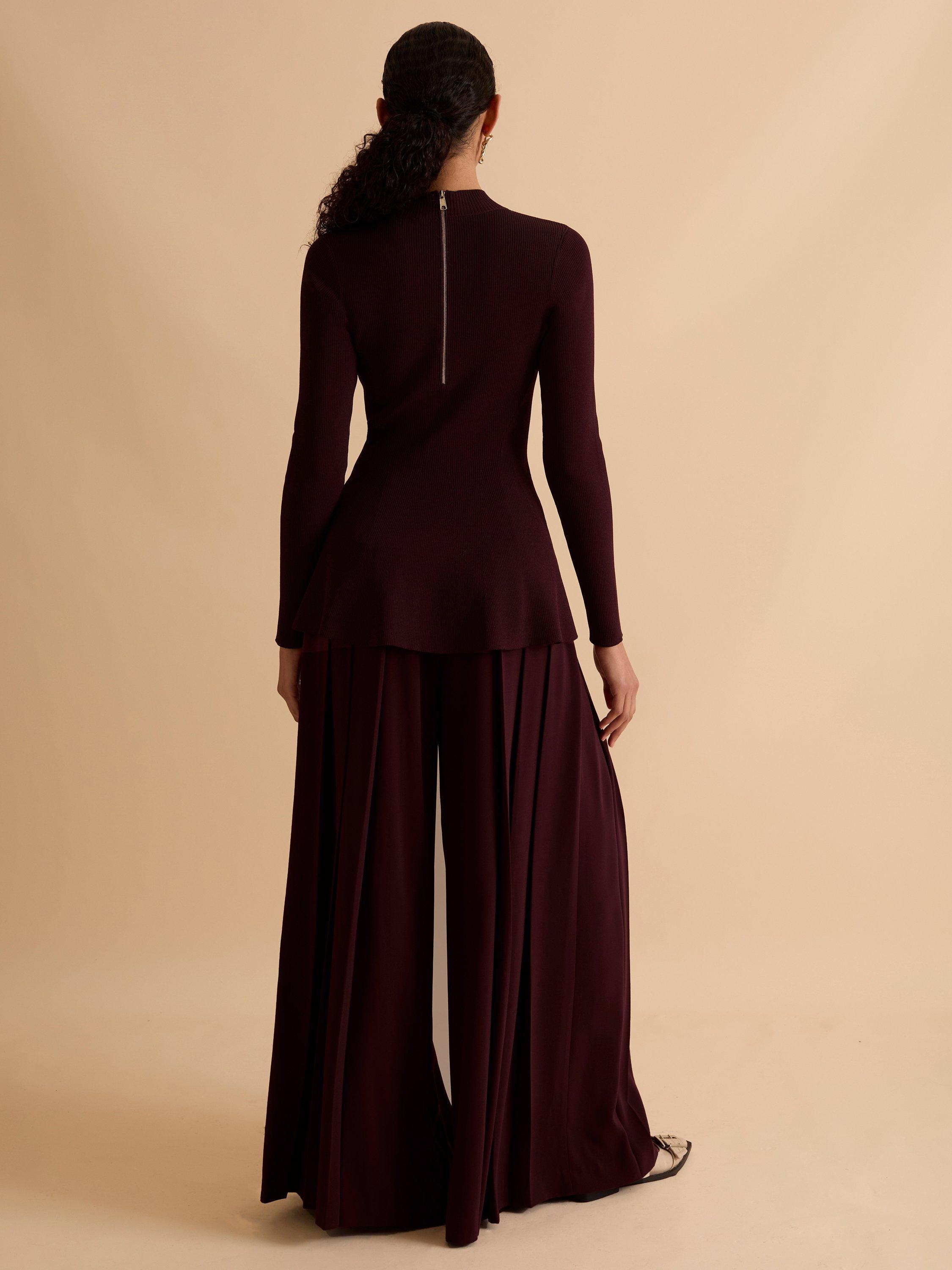 Product image 2 of 5, which shows FLORERE Deep Pleat Wide Leg Trousers, Burgundy, 8