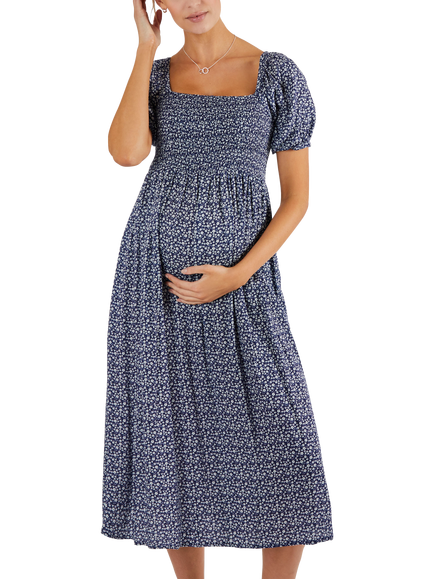 JoJo Maman Bébé Ditsy Floral Shirred Maternity Dress, Navy/White, Navy/White