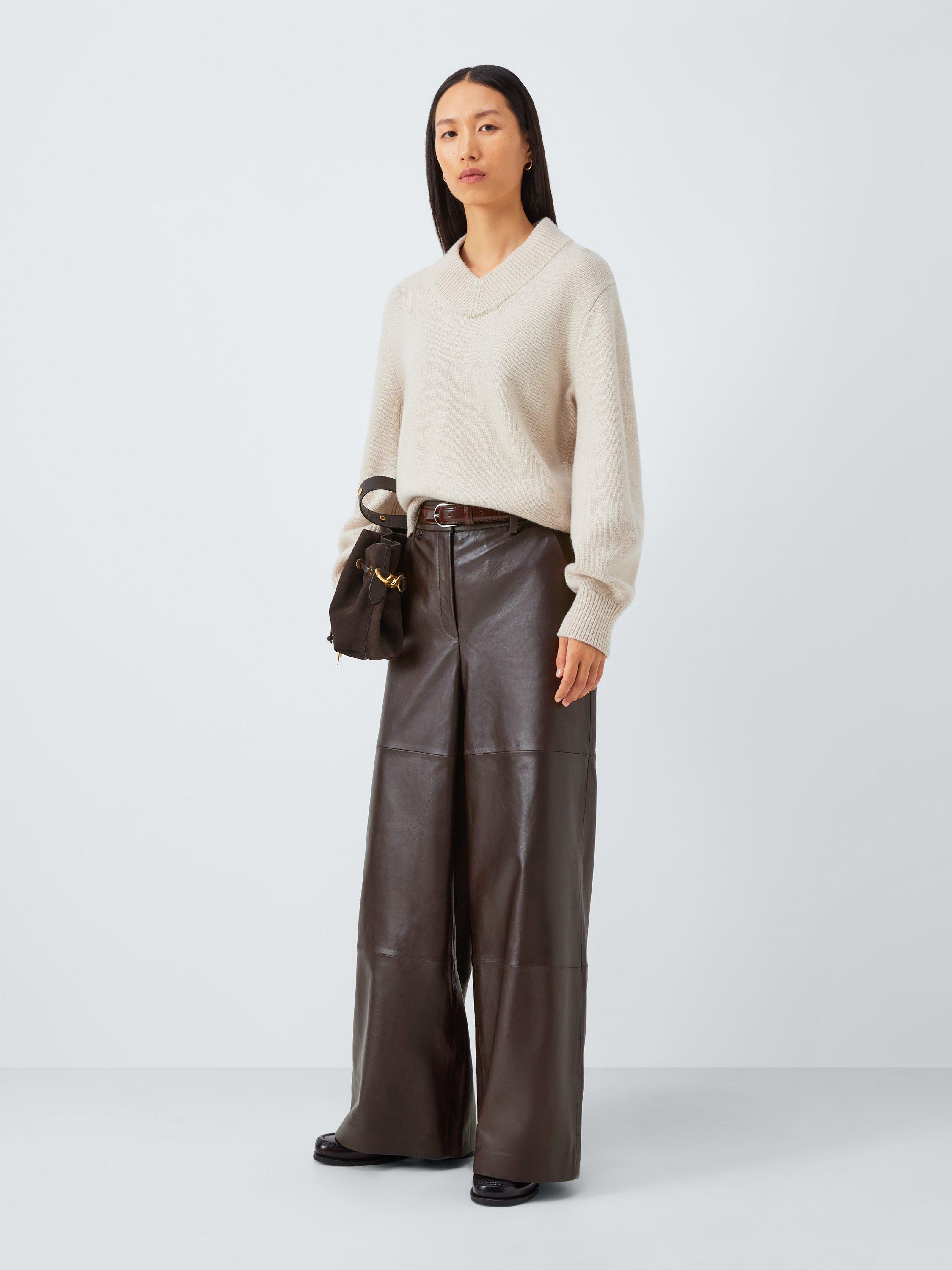 Product image 3 of 6, which shows John Lewis Wide Leg Leather Trousers, Chocolate, 16