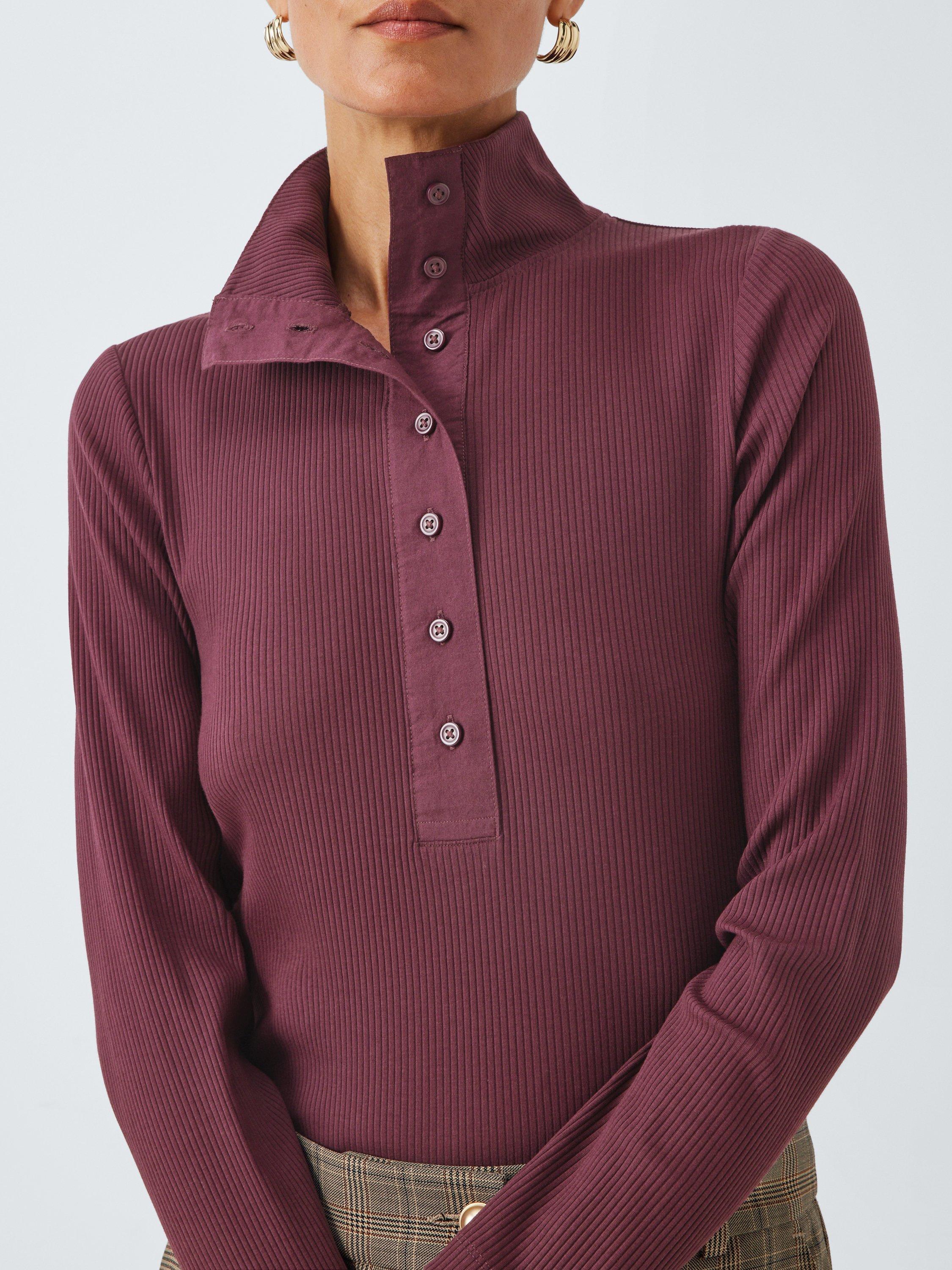 Product image 6 of 6, which shows John Lewis Henley Ribbed Cotton Top, Fig, 6