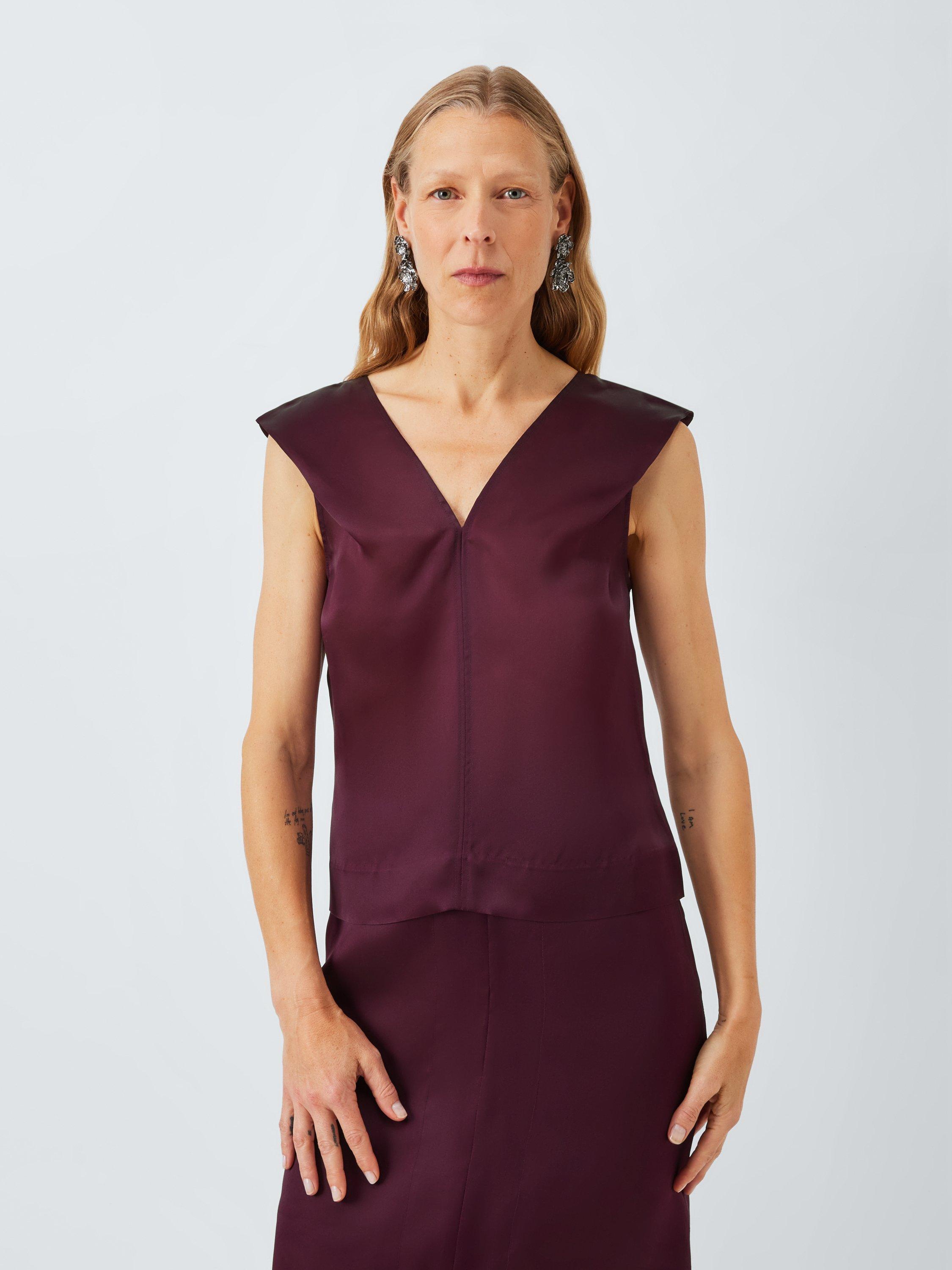 Product image 1 of 6, which shows John Lewis Sheer Silk Cap Sleeve V-Neck Top, Berry, 8