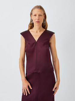 John Lewis Sheer Silk Cap Sleeve V-Neck Top, Berry, Berry
