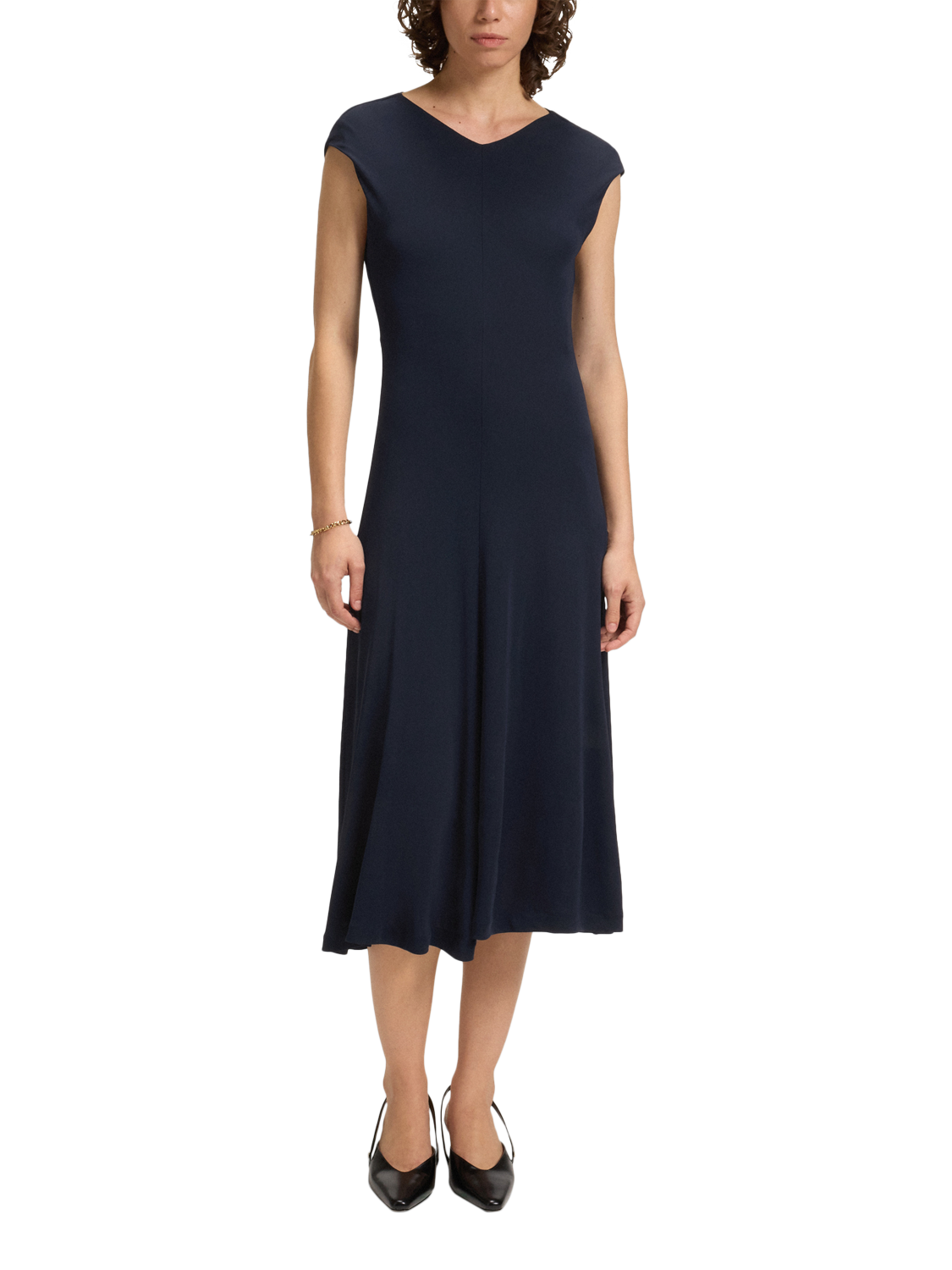 Product image 1 of 6, which shows HUGO BOSS Cap Sleeve V Neck Midi Dress, Dark Blue, S