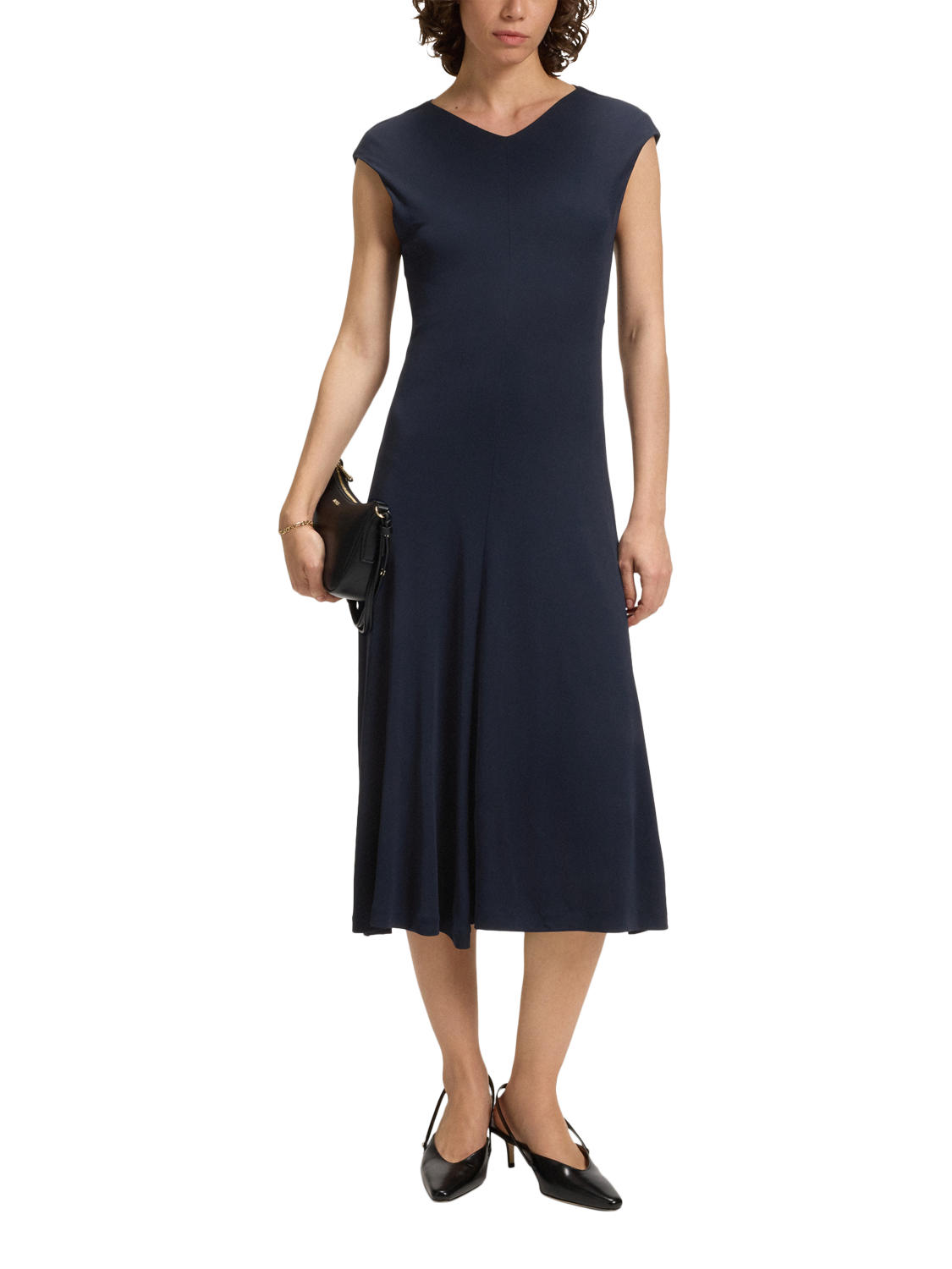 Product image 3 of 6, which shows HUGO BOSS Cap Sleeve V Neck Midi Dress, Dark Blue, S