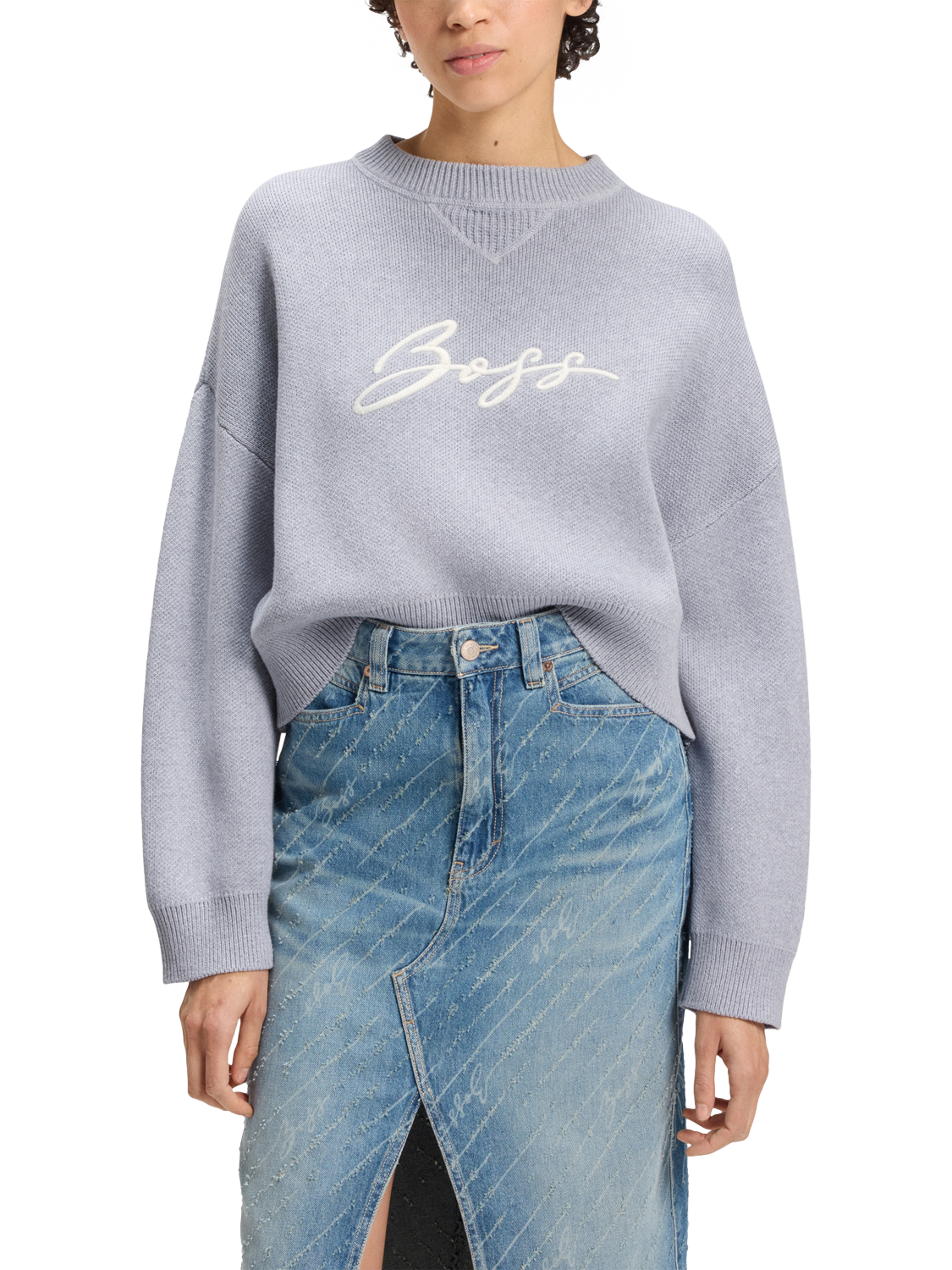 Product image 1 of 4, which shows BOSS Finevra Embroidered Logo Cropped Sweater, Silver Lilac, S