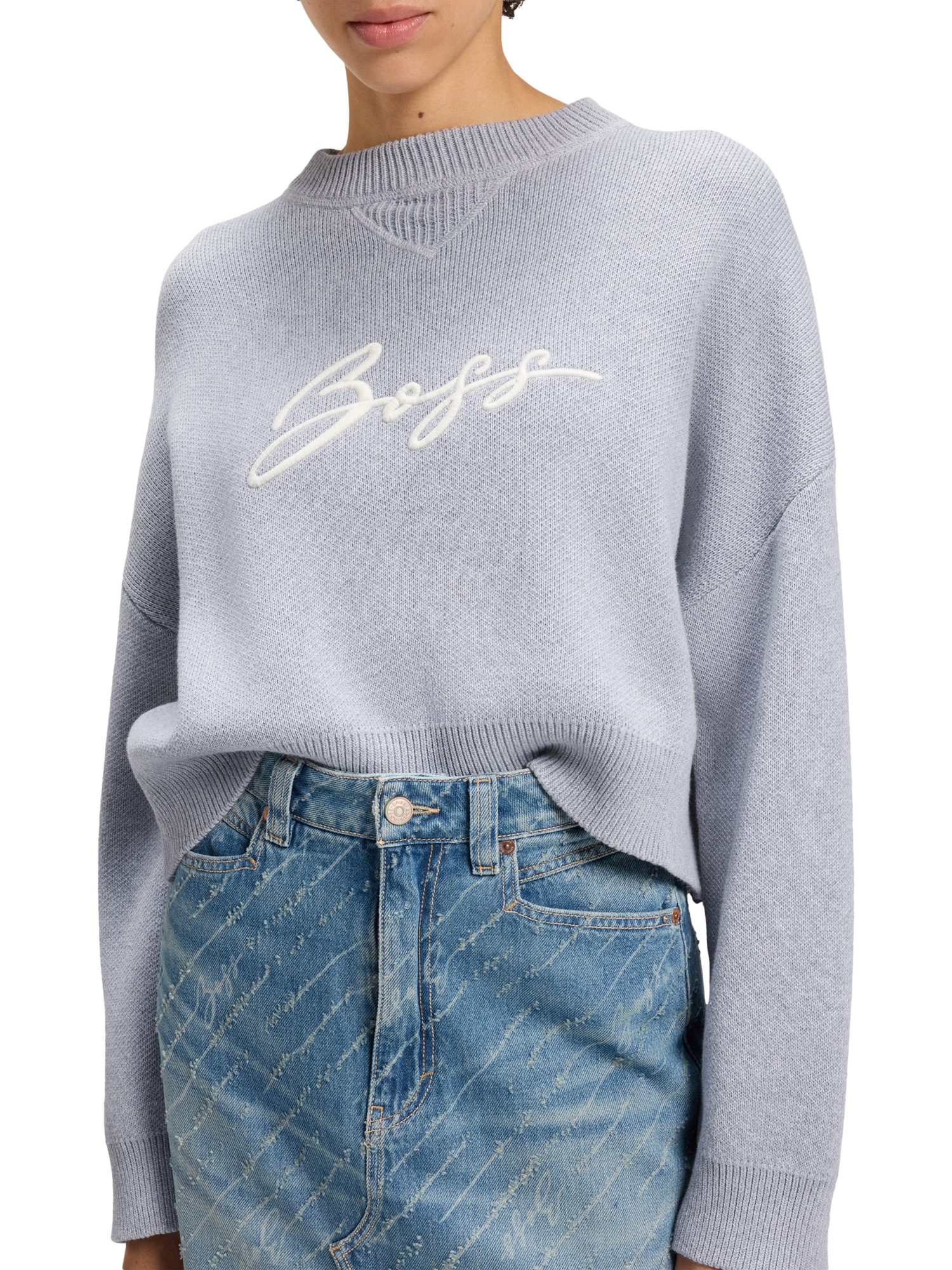 Product image 4 of 4, which shows BOSS Finevra Embroidered Logo Cropped Sweater, Silver Lilac, S