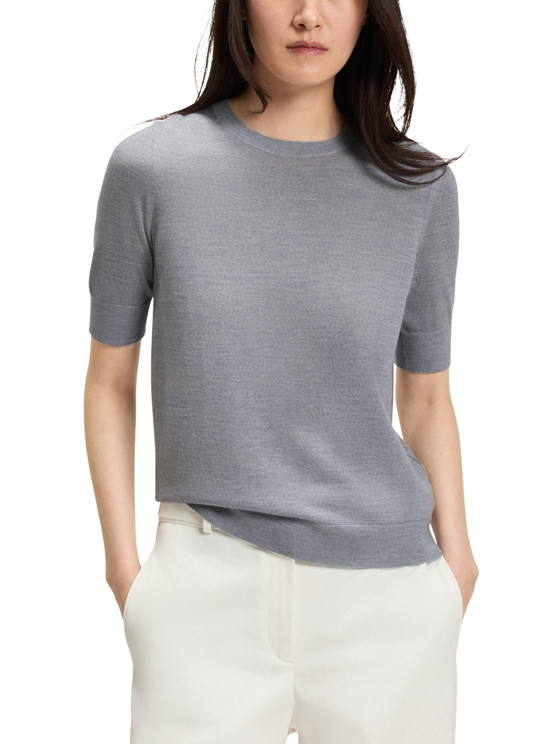 Product image 1 of 5, which shows HUGO BOSS BOSS Crew Neck Short Sleeve Wool Top, Light Grey, L