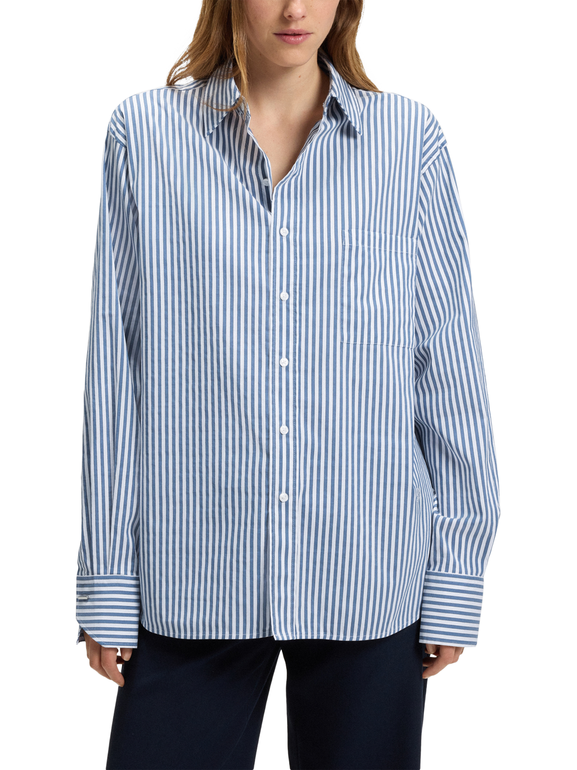 Product image 1 of 6, which shows BOSS Saturday Stripe Long Sleeve Shirt, Blue/White, 8