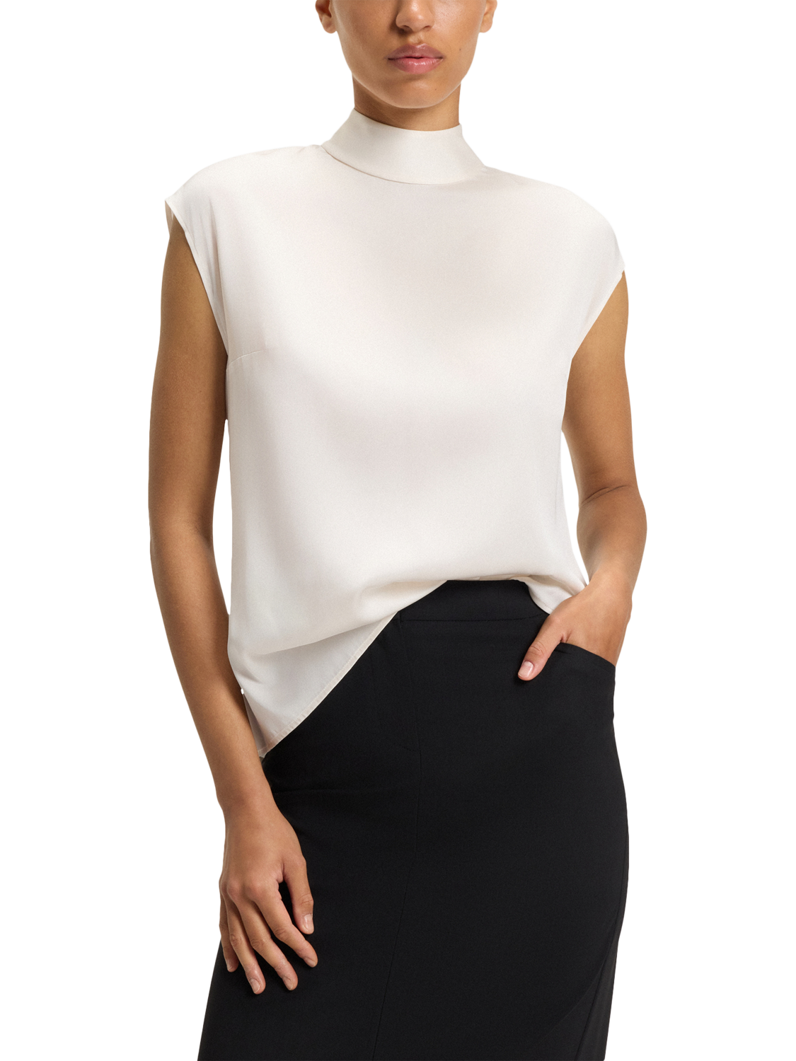 Product image 1 of 6, which shows BOSS Bidriz Silk Rich Top, Open White, 6