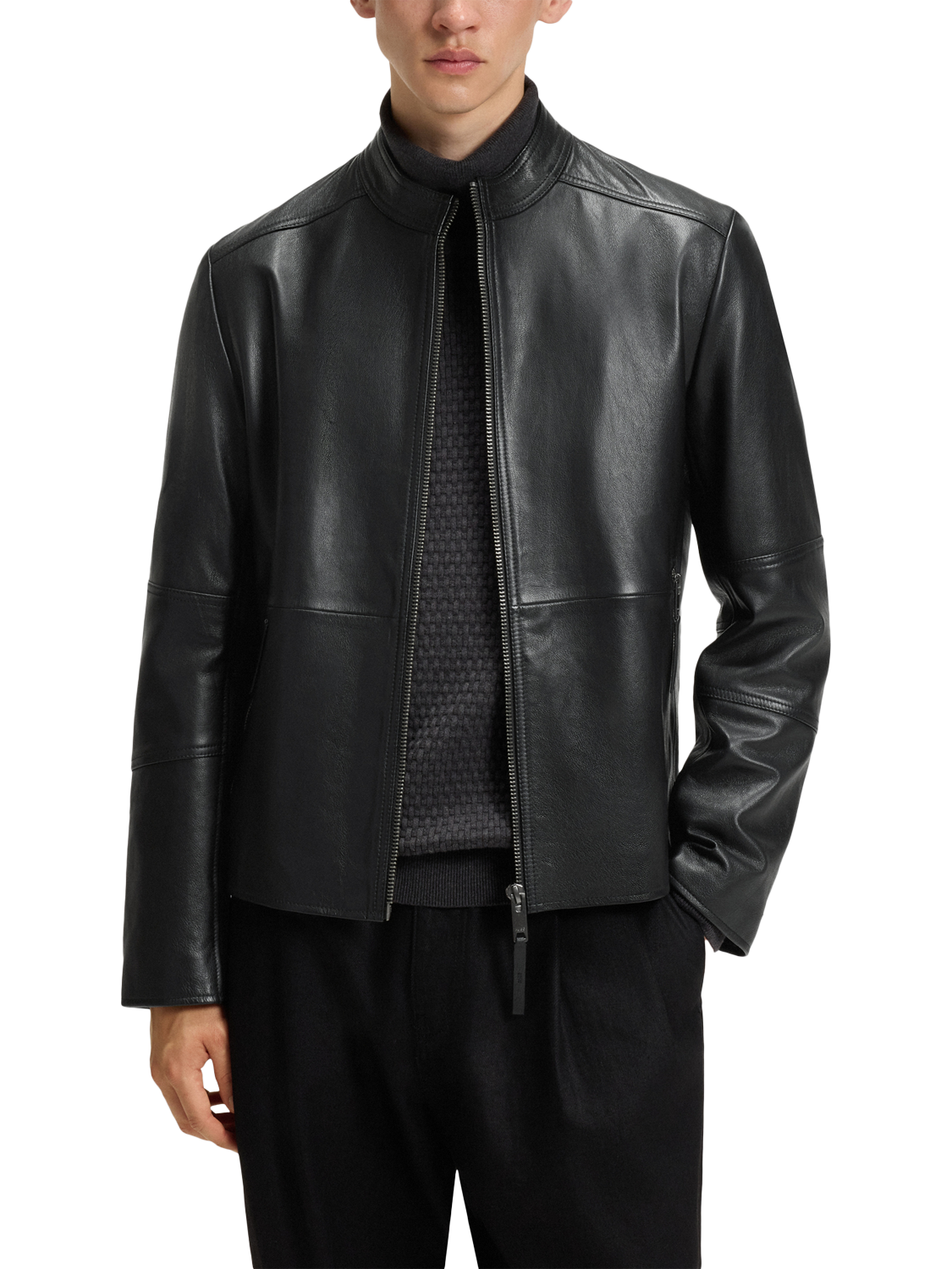 Product image 1 of 6, which shows HUGO Leather Biker Jacket, Black, L