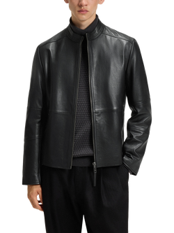 HUGO Leather Biker Jacket, Black, Black