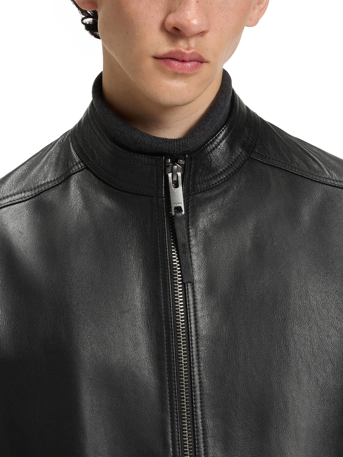 Product image 5 of 6, which shows HUGO Leather Biker Jacket, Black, L