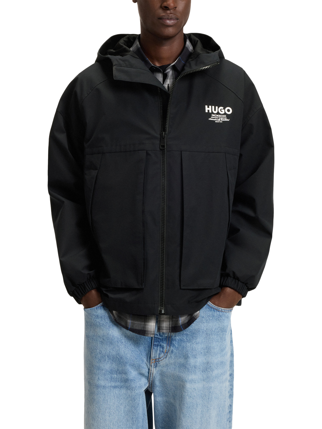 Product image 1 of 6, which shows HUGO Water Resistant Hooded Jacket, Black/Multi, XS