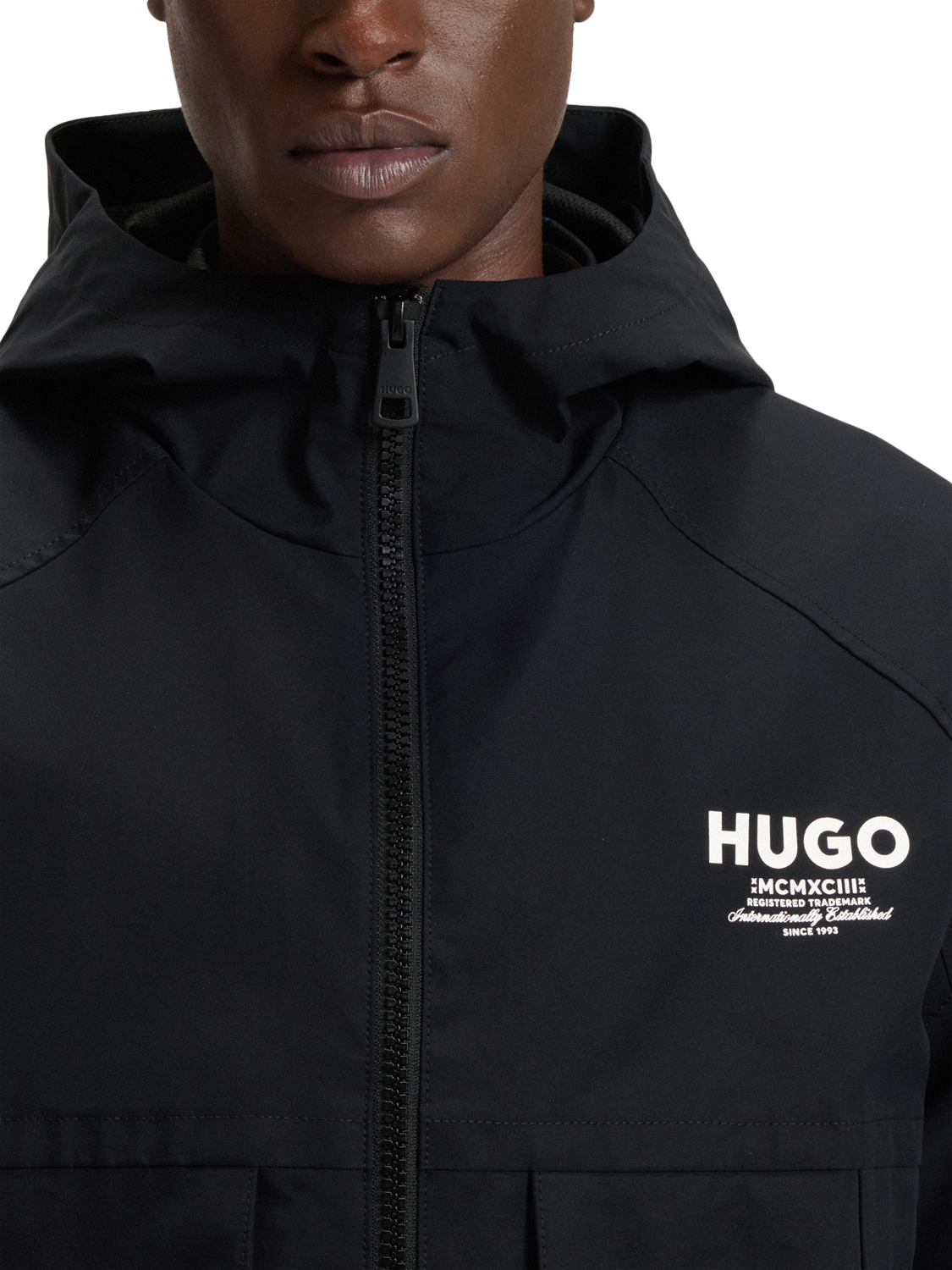 Product image 5 of 6, which shows HUGO Water Resistant Hooded Jacket, Black/Multi, XS