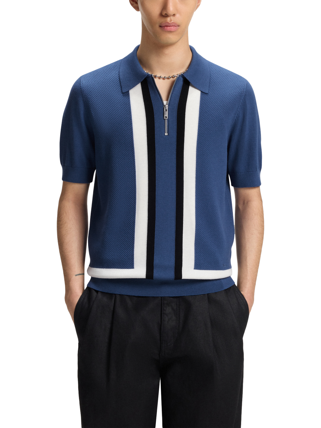 Product image 1 of 5, which shows HUGO Flatknit Collar Wool Blend Knitted Polo Shirt, Mid Blue, L