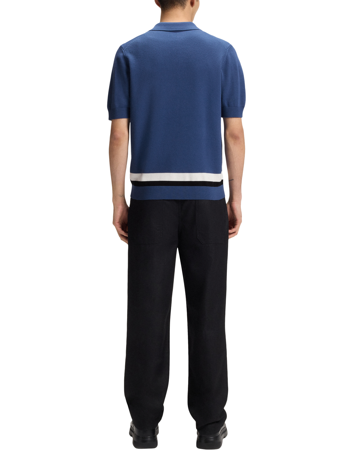 Product image 2 of 5, which shows HUGO Flatknit Collar Wool Blend Knitted Polo Shirt, Mid Blue, L
