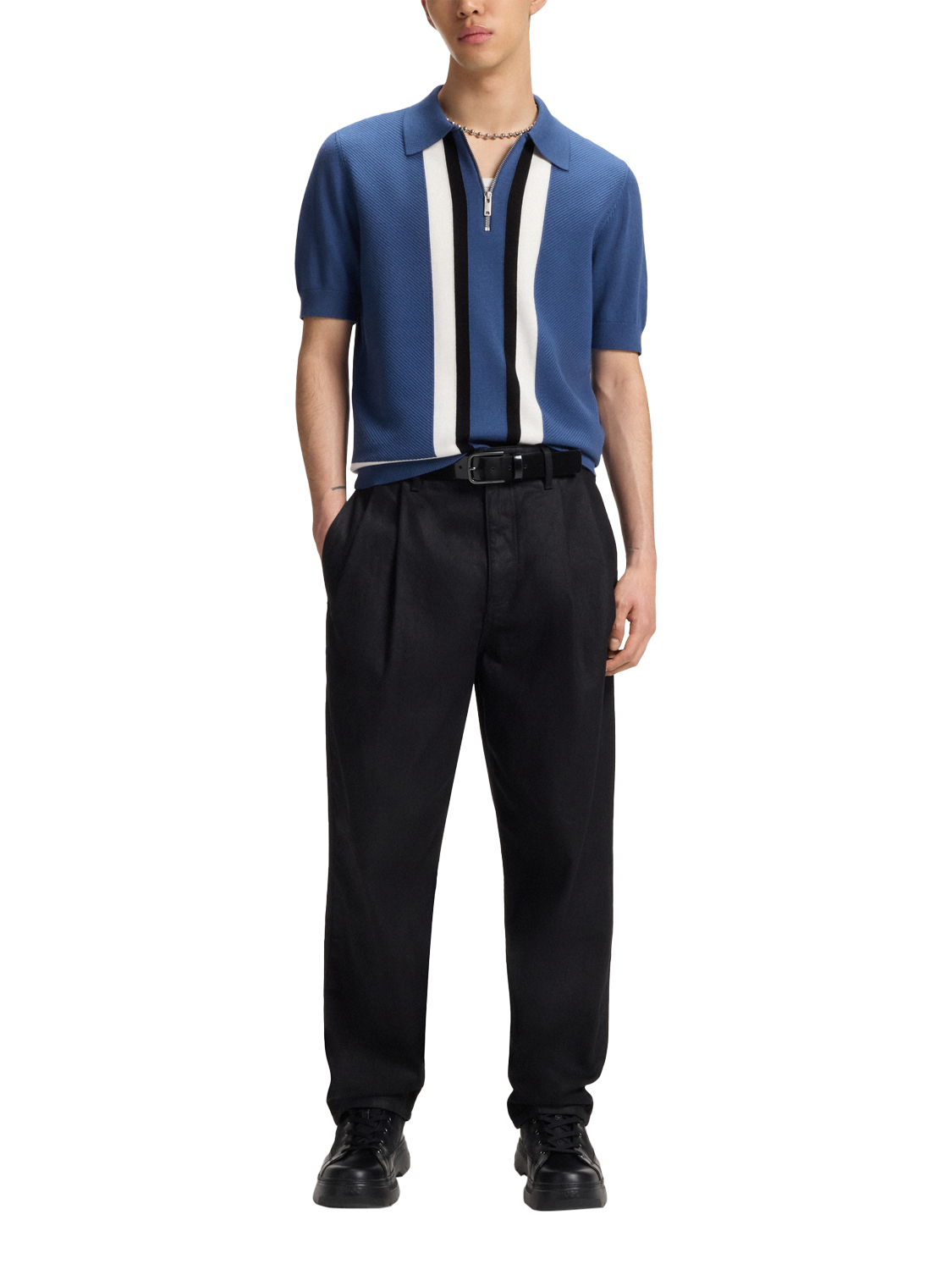 Product image 3 of 5, which shows HUGO Flatknit Collar Wool Blend Knitted Polo Shirt, Mid Blue, L