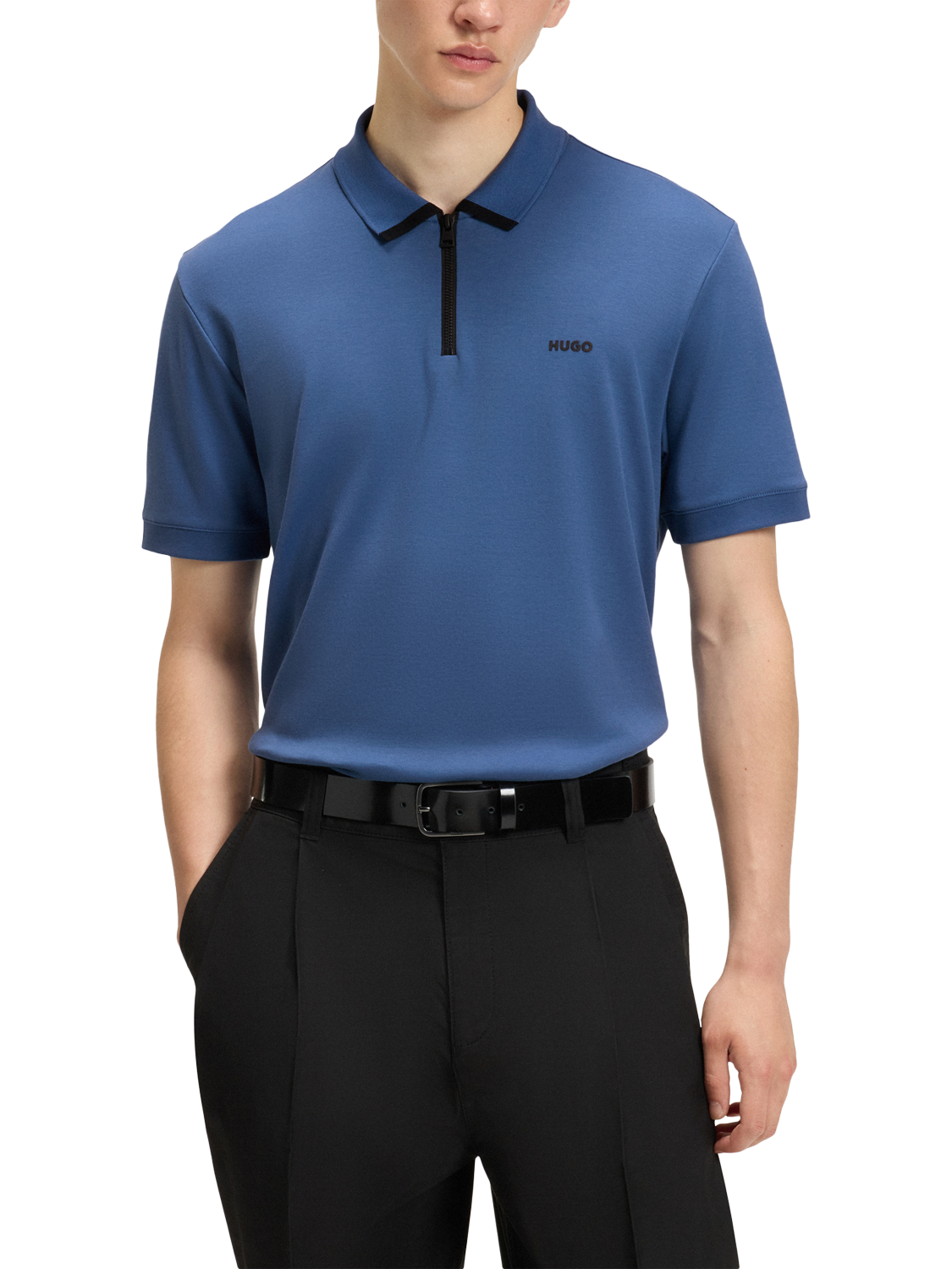 Product image 1 of 4, which shows HUGO Cotton Regular Fit Short Sleeve Zip-Neck Polo Shirt, Blue/Multi, L