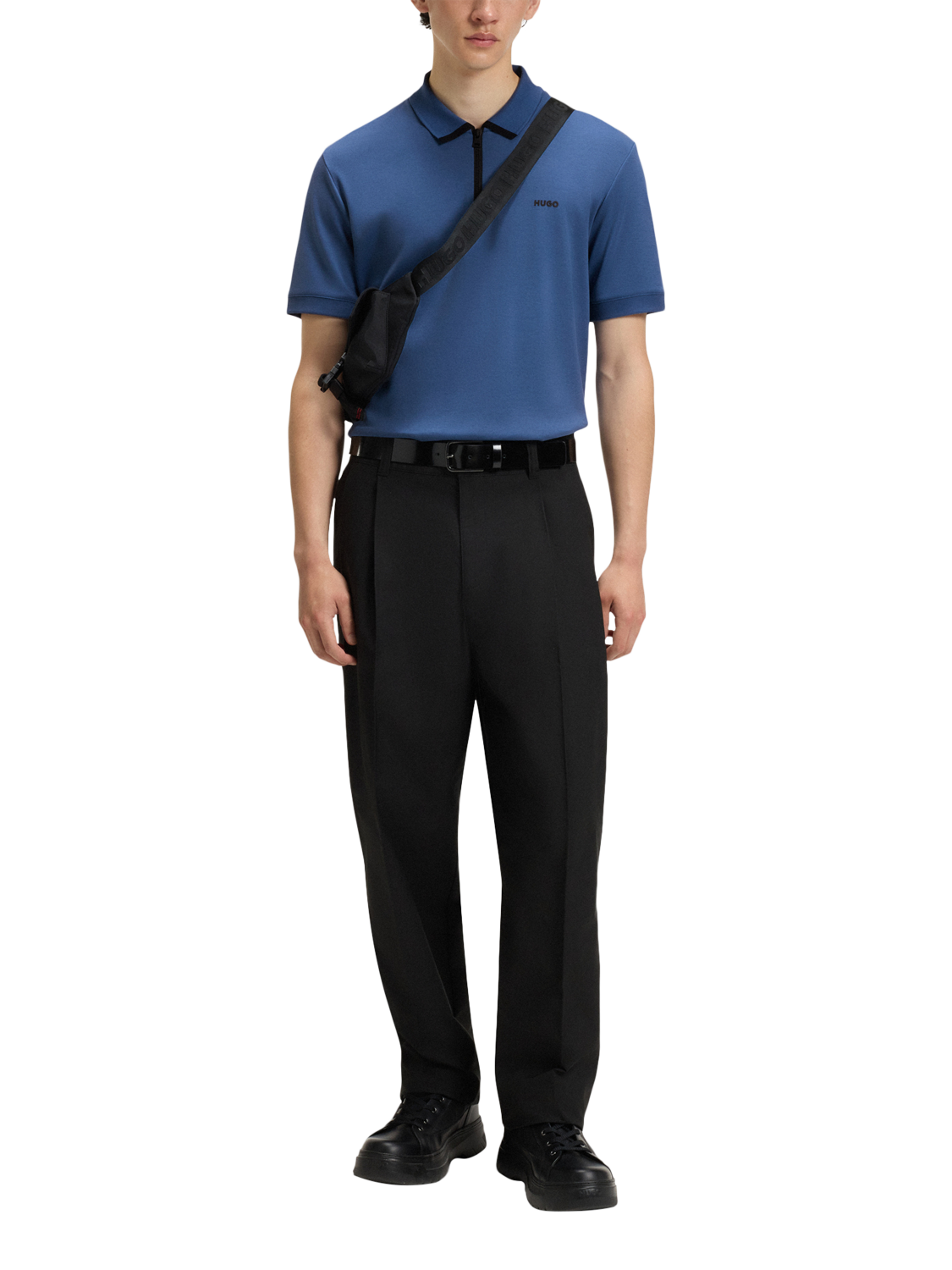 Product image 3 of 4, which shows HUGO Cotton Regular Fit Short Sleeve Zip-Neck Polo Shirt, Blue/Multi, L