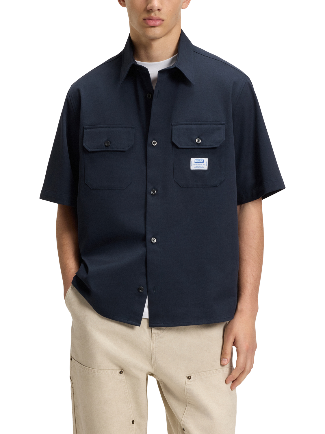 Product image 1 of 6, which shows HUGO BOSS HUGO Logo Patch Cotton Shirt, Navy, L