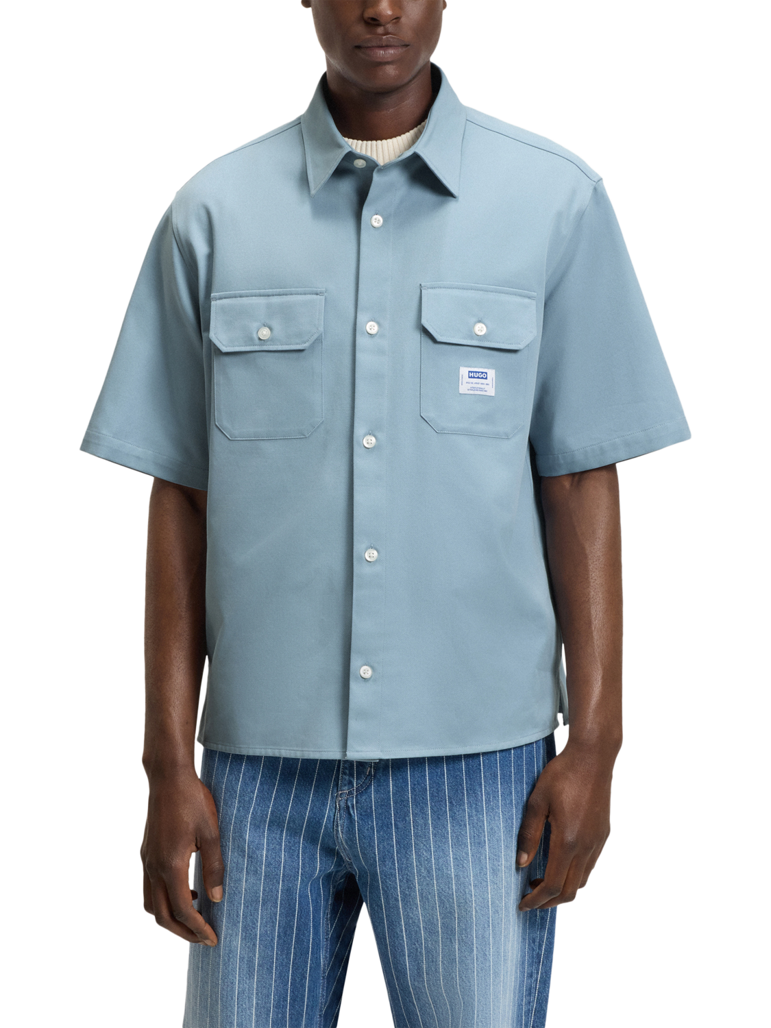 Product image 1 of 6, which shows HUGO Short Sleeve Cotton Shirt, Light Blue, L