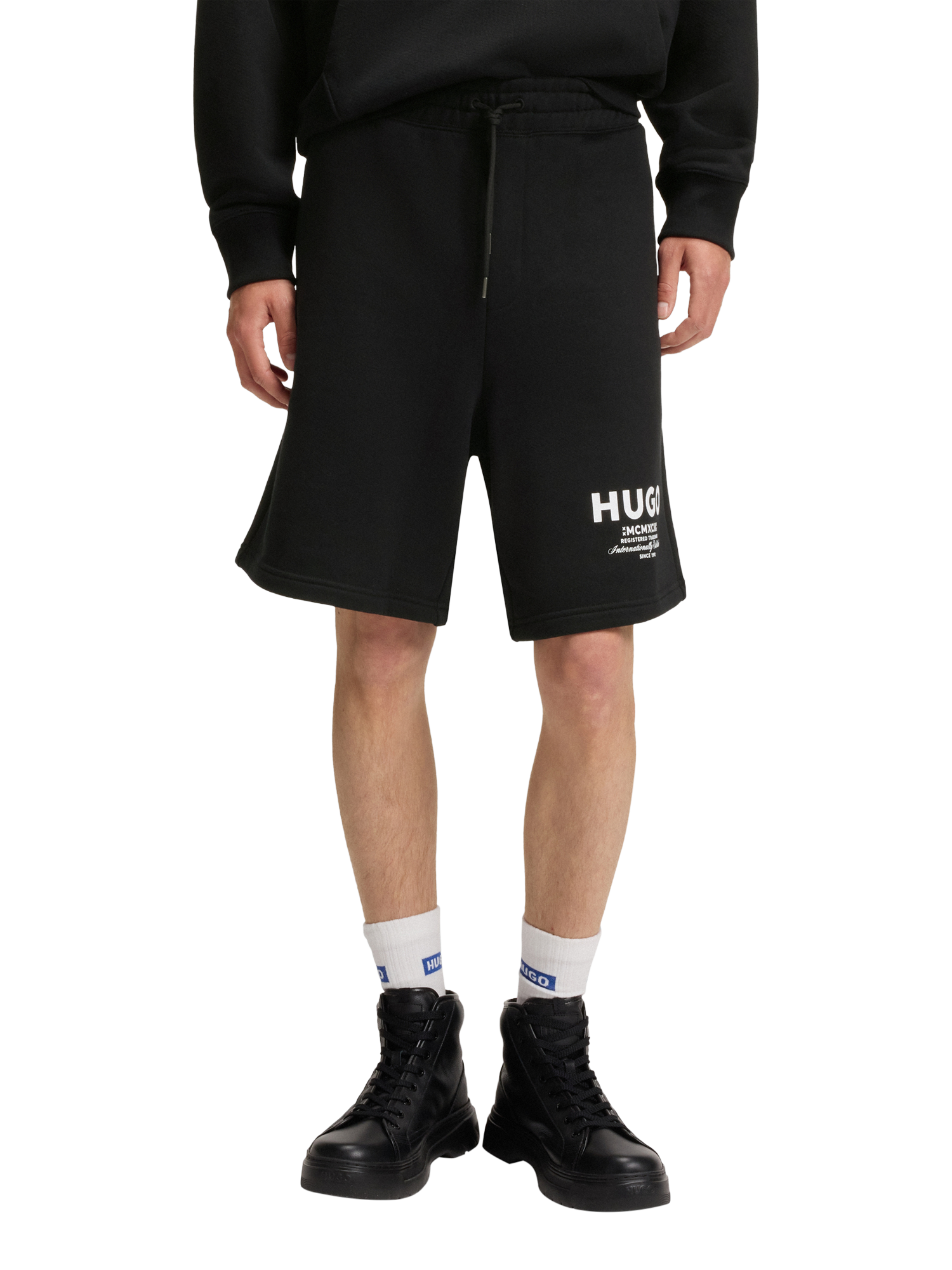Product image 1 of 6, which shows HUGO International Logo Sweat Shorts, Black/White, L