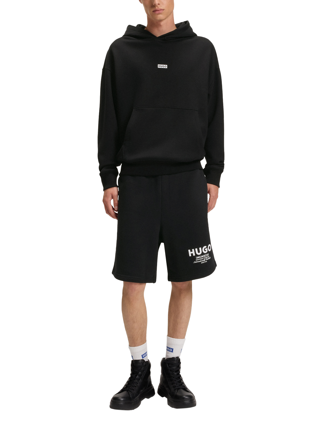 Product image 3 of 6, which shows HUGO International Logo Sweat Shorts, Black/White, L