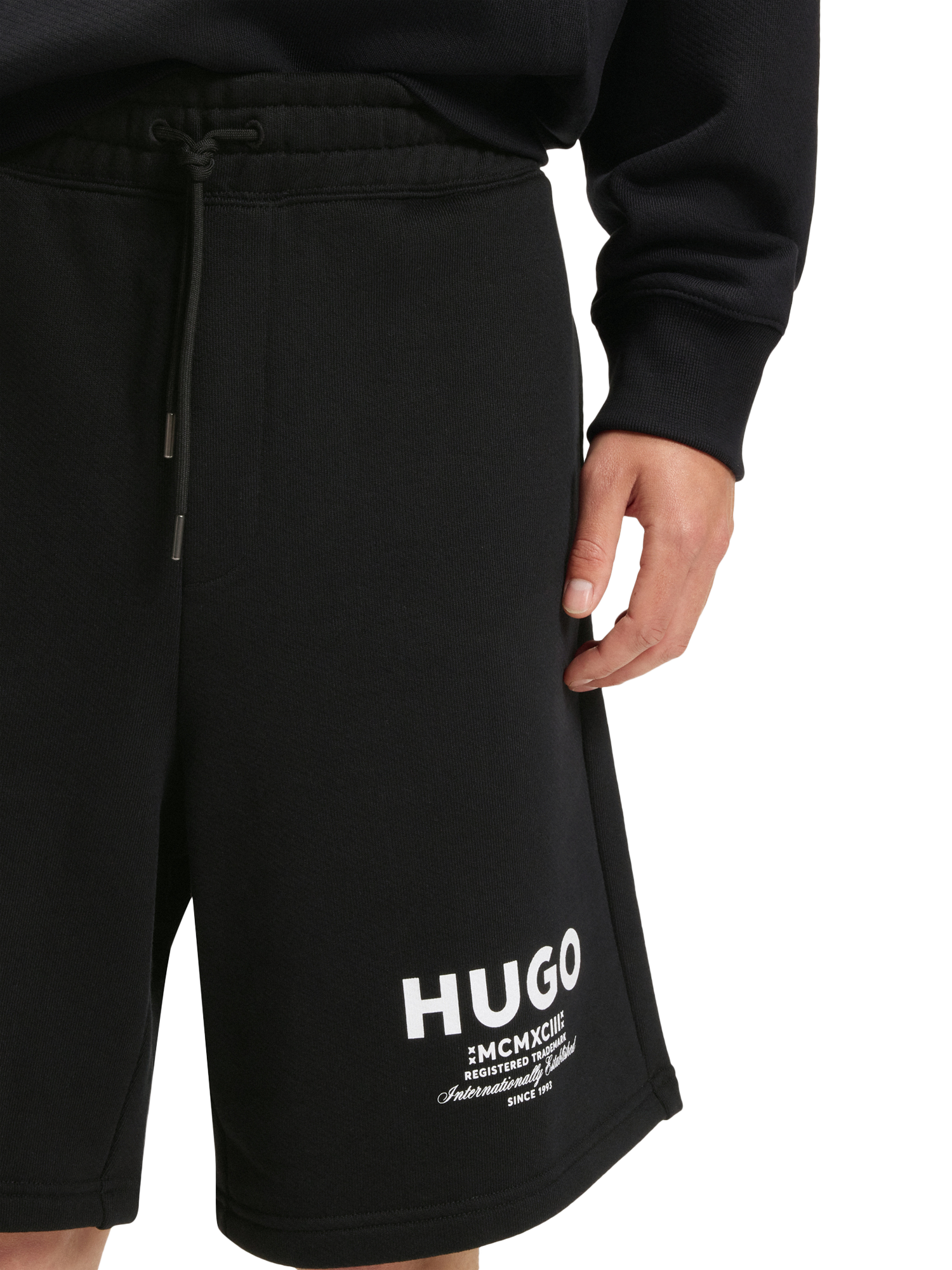 Product image 5 of 6, which shows HUGO International Logo Sweat Shorts, Black/White, L
