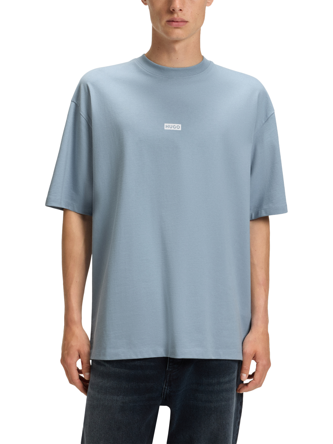 Product image 1 of 5, which shows HUGO BOSS Nalono Cotton Ribbed Crew Neck Single Jersey T-Shirt, Light Blue, L