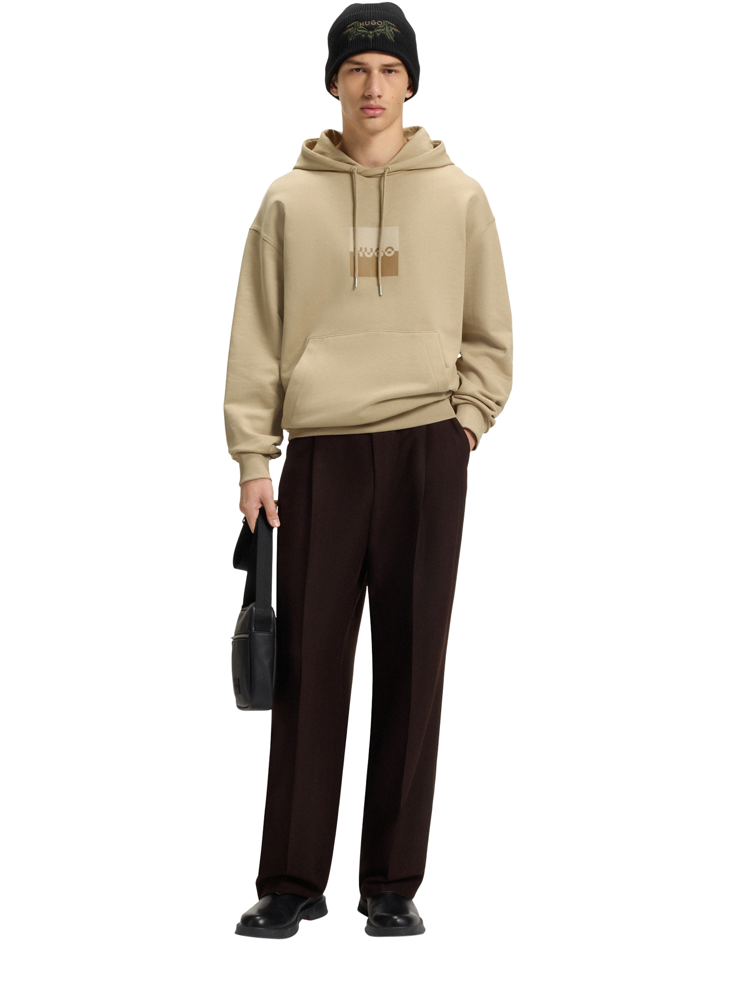Product image 3 of 5, which shows HUGO BOSS HUGO Graphic Print Cotton Hoodie, Beige/Multi, L