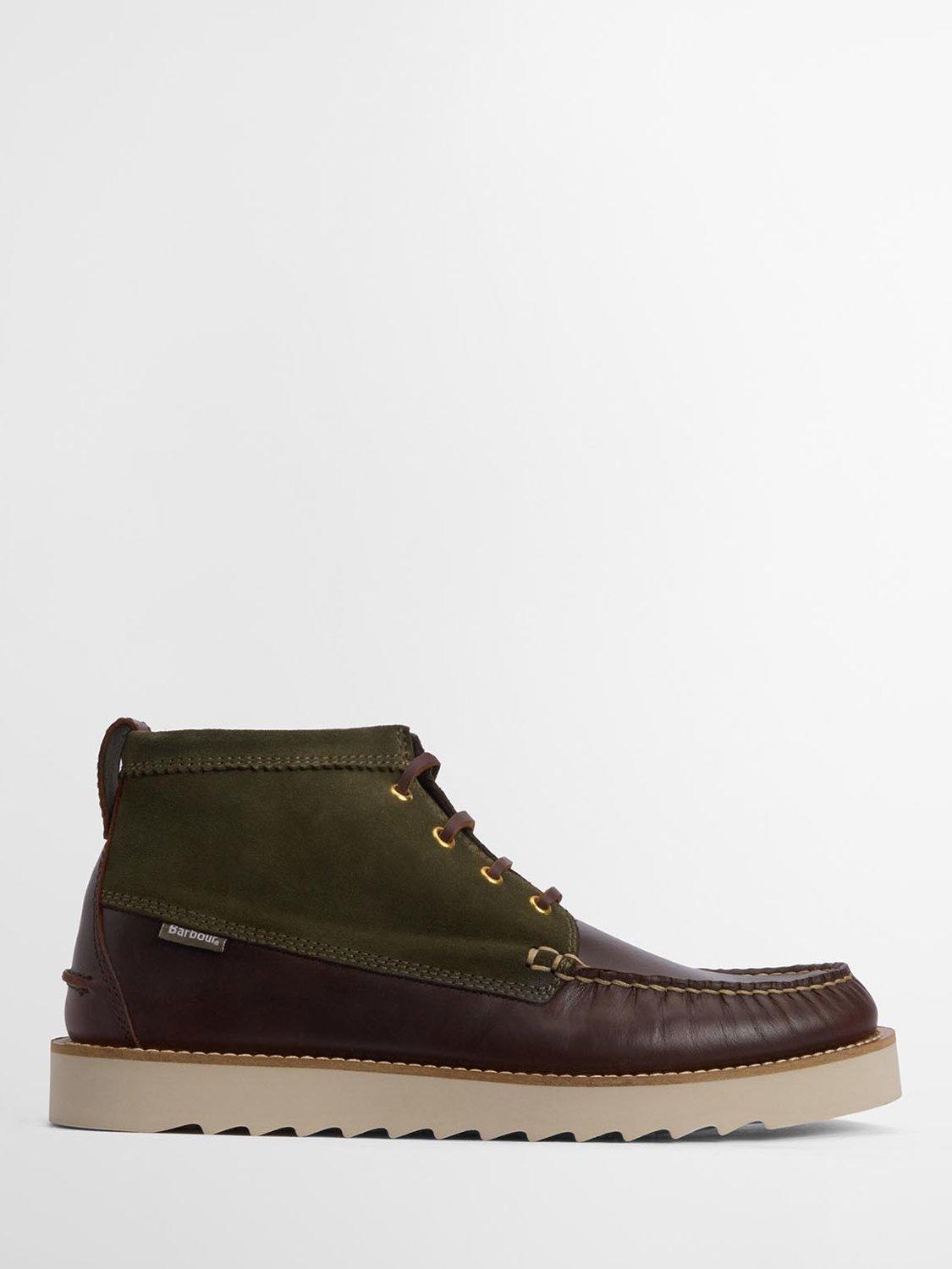 Product image 1 of 8, which shows Barbour Hadston Two Tone Apron Chukka Boots, Olive/Dark Brown, 7