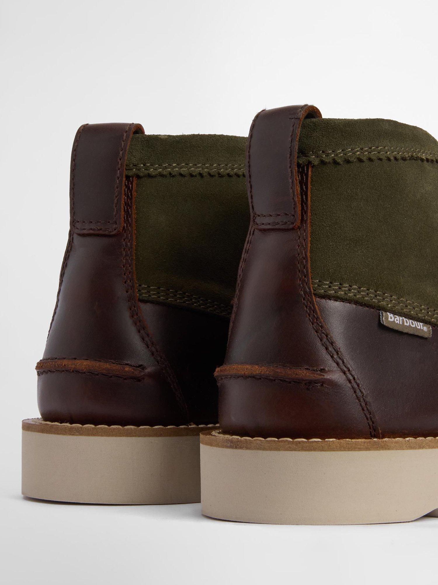 Product image 4 of 8, which shows Barbour Hadston Two Tone Apron Chukka Boots, Olive/Dark Brown, 7