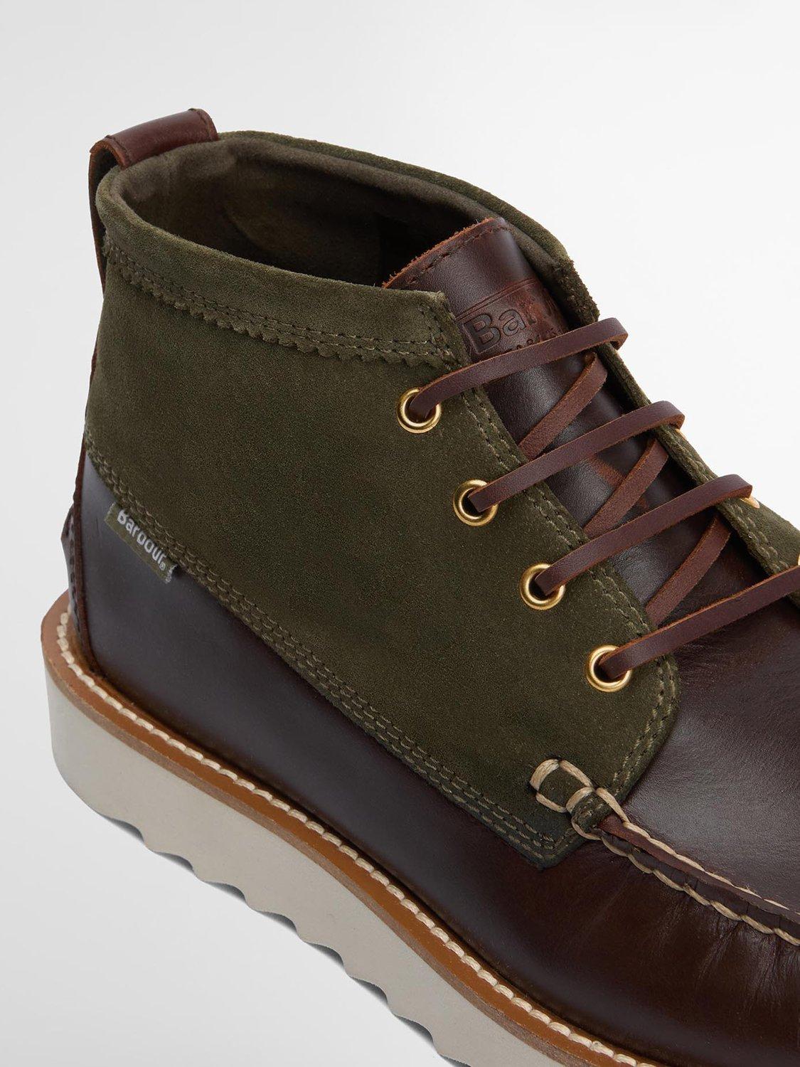 Product image 5 of 8, which shows Barbour Hadston Two Tone Apron Chukka Boots, Olive/Dark Brown, 7