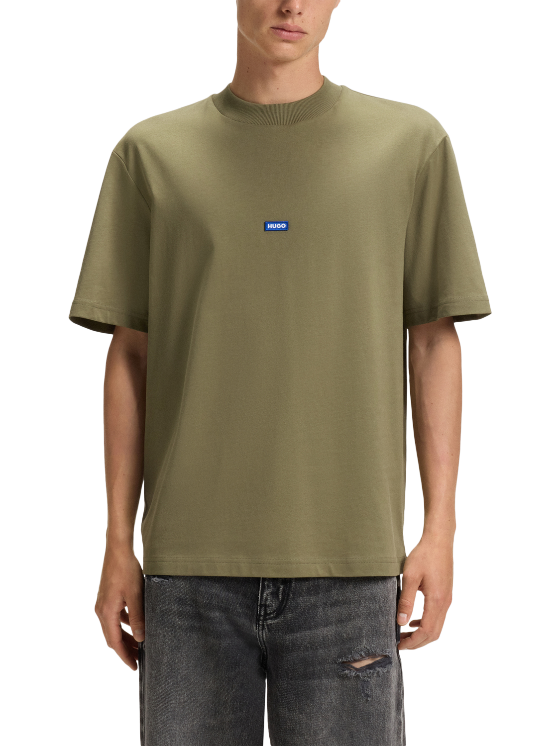 Product image 1 of 5, which shows HUGO BOSS Nieros Cotton Ribbed Crew Neck Single Jersey Small Logo T-Shirt, Mid Green, L