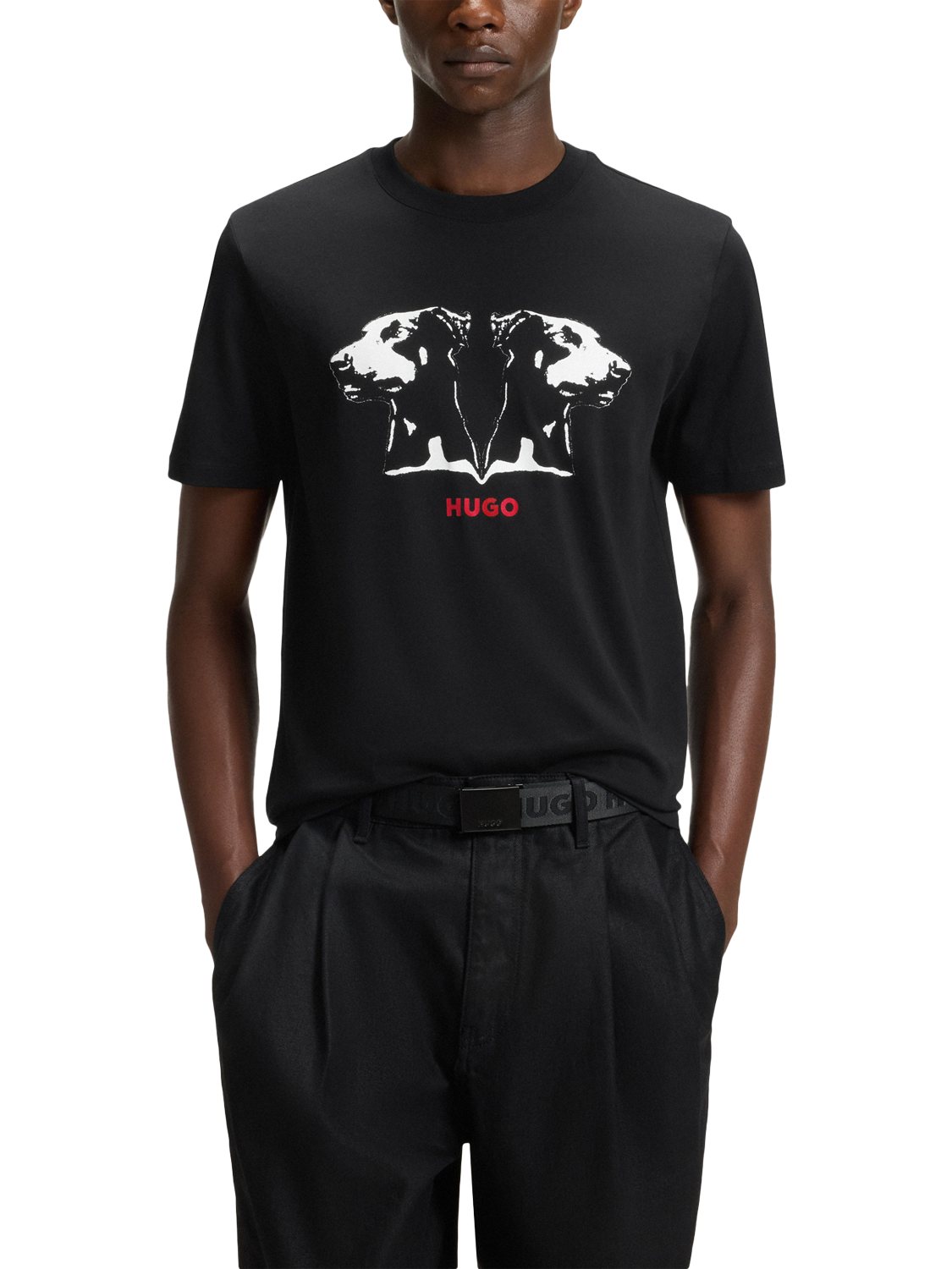 Product image 1 of 4, which shows HUGO Cotton Regular Fit Short Sleeve Doberman Graphic T-Shirt, Black/Multi, L