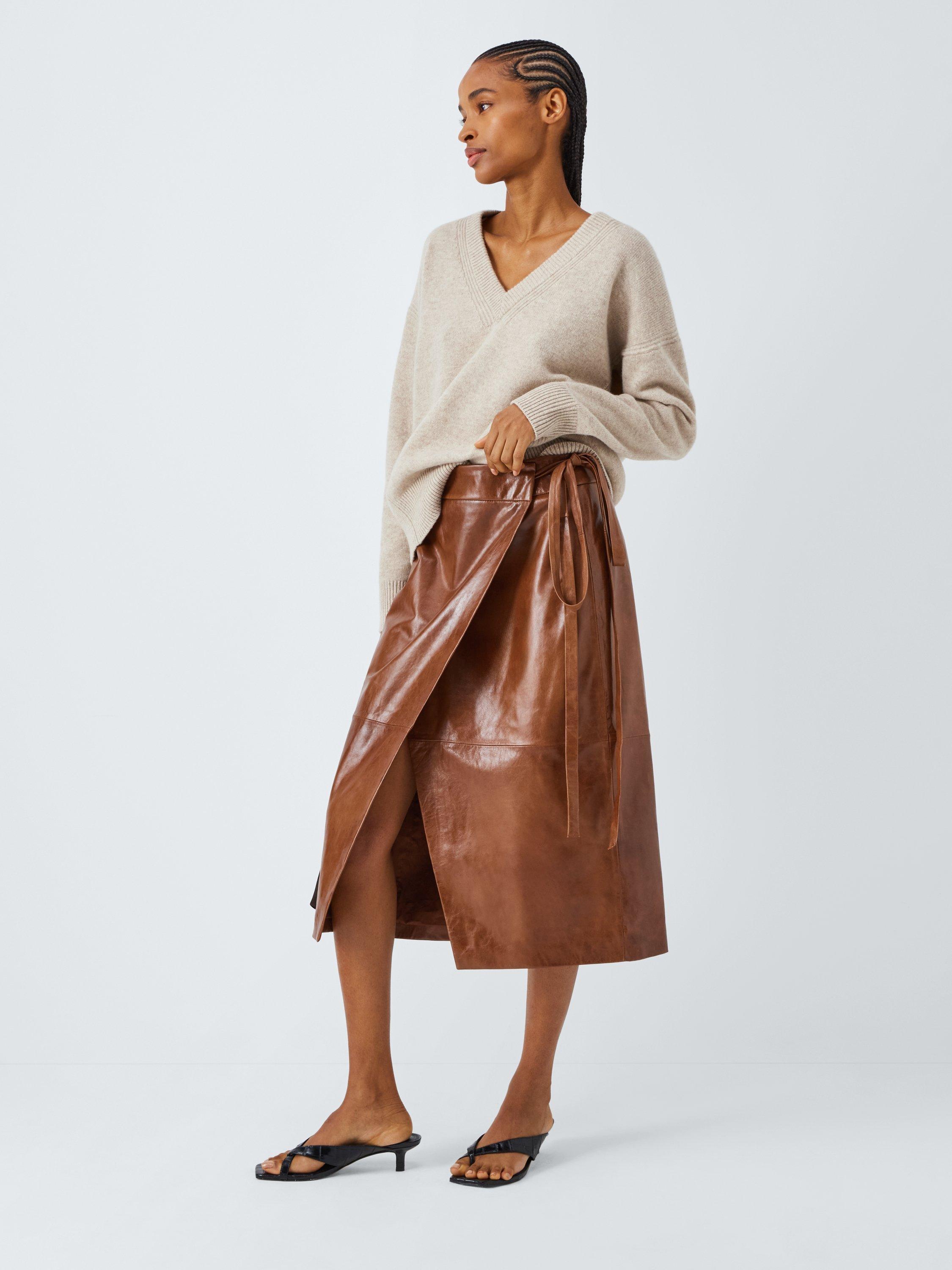 Product image 3 of 6, which shows Marella Nabucco Leather Midi Skirt, Brown, 8