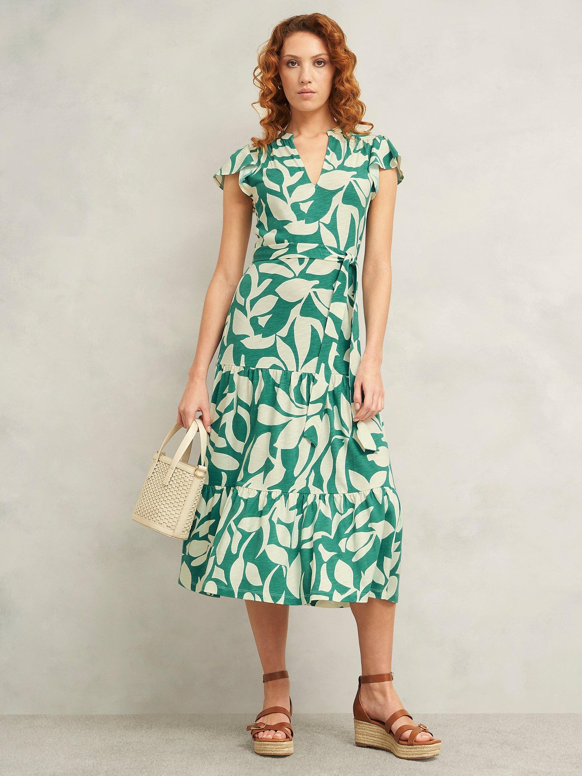 Product image 1 of 7, which shows Hobbs Nadine Cotton Blend Jersey Dress, Green/Ivory, 10