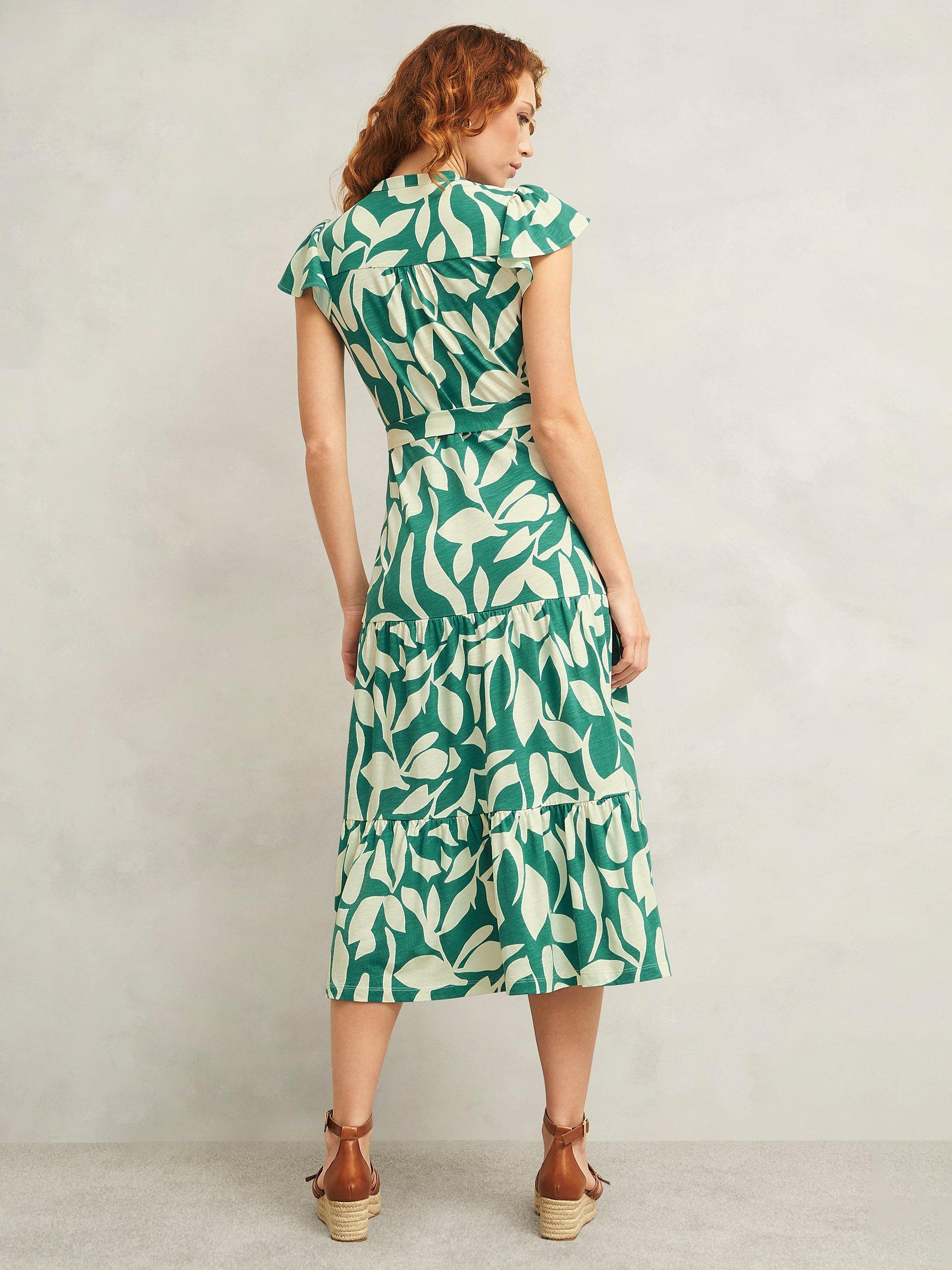 Product image 2 of 7, which shows Hobbs Nadine Cotton Blend Jersey Dress, Green/Ivory, 10
