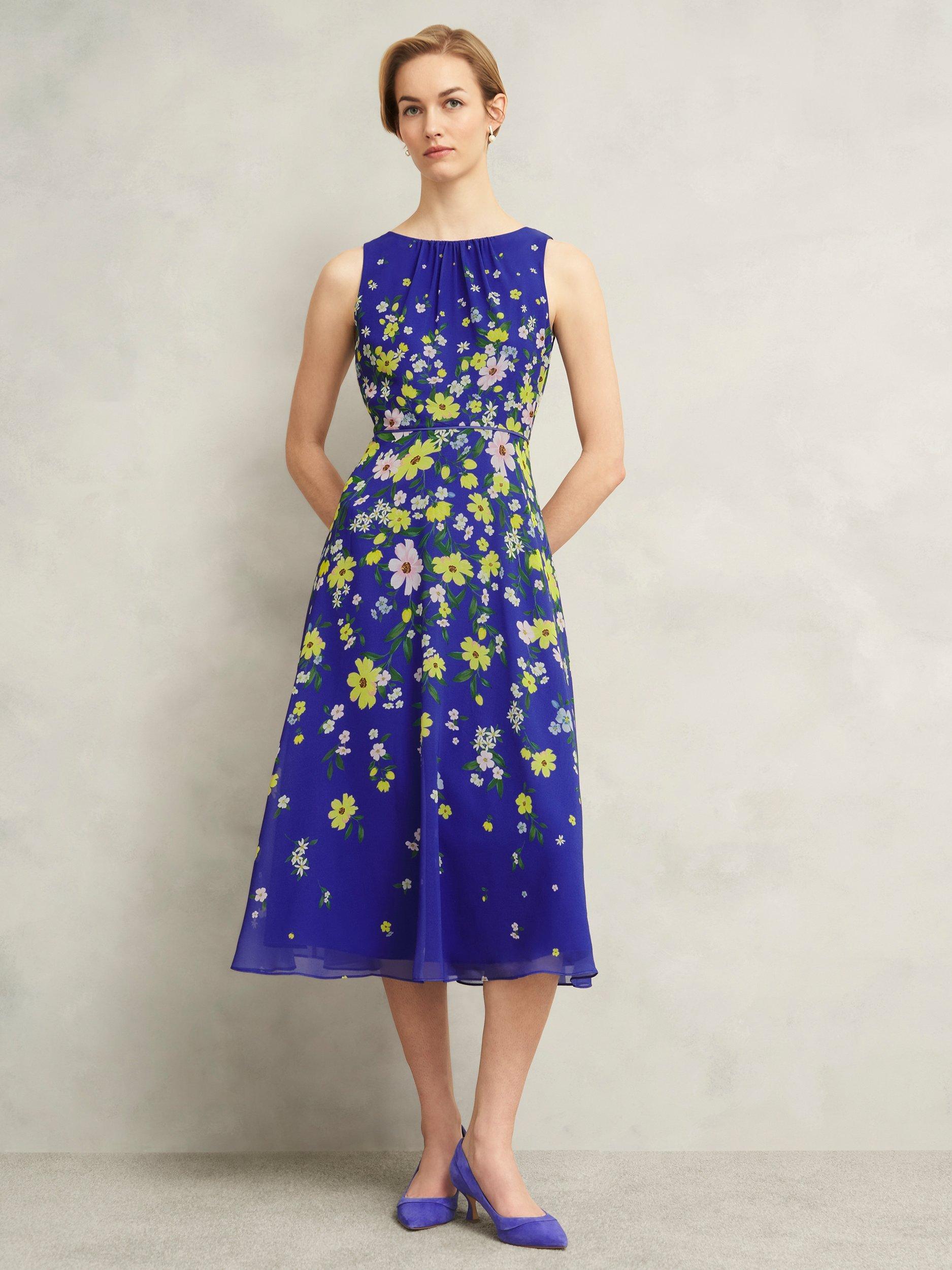 Product image 1 of 7, which shows Hobbs Petite Carly Sleeveless Floral Print Midi Dress, Blue/Multi, 10