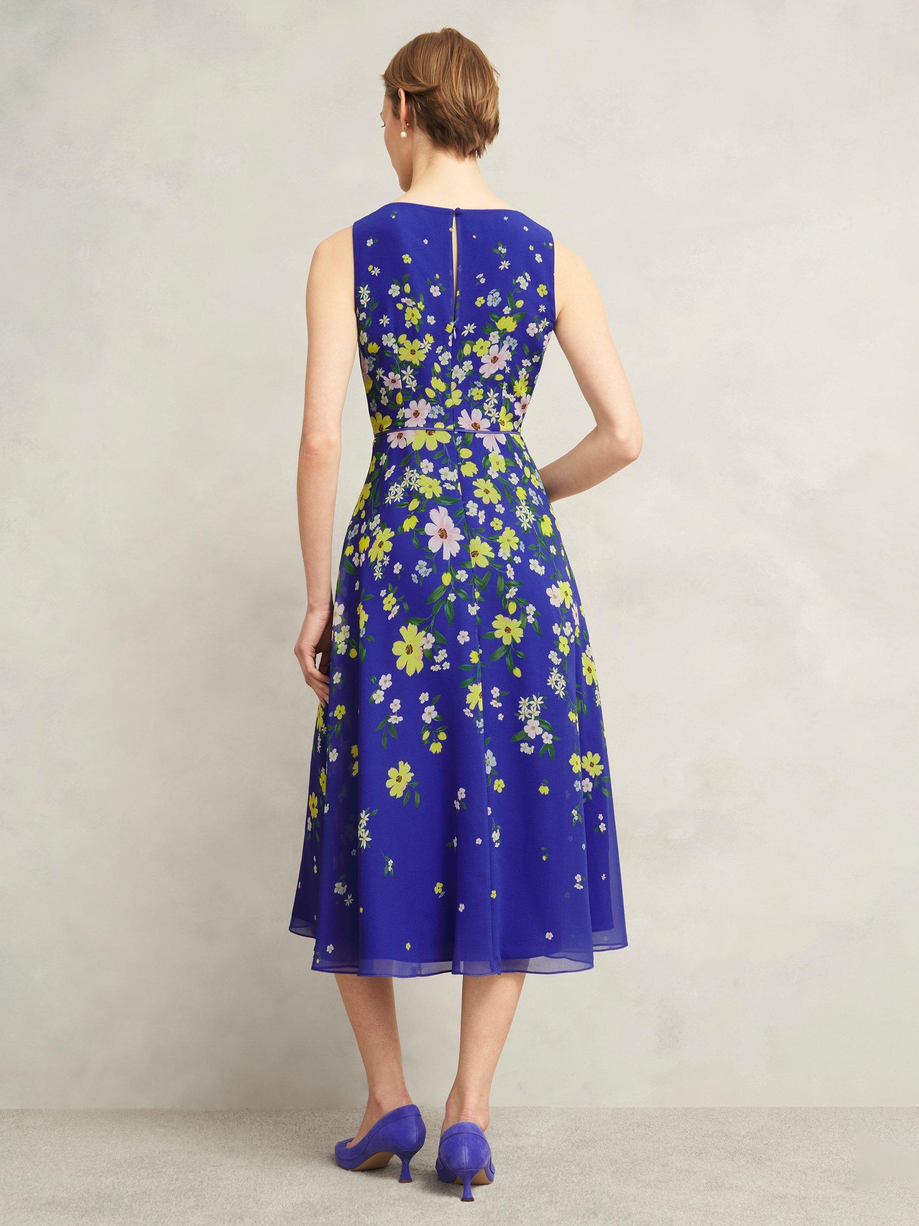 Product image 2 of 7, which shows Hobbs Petite Carly Sleeveless Floral Print Midi Dress, Blue/Multi, 10