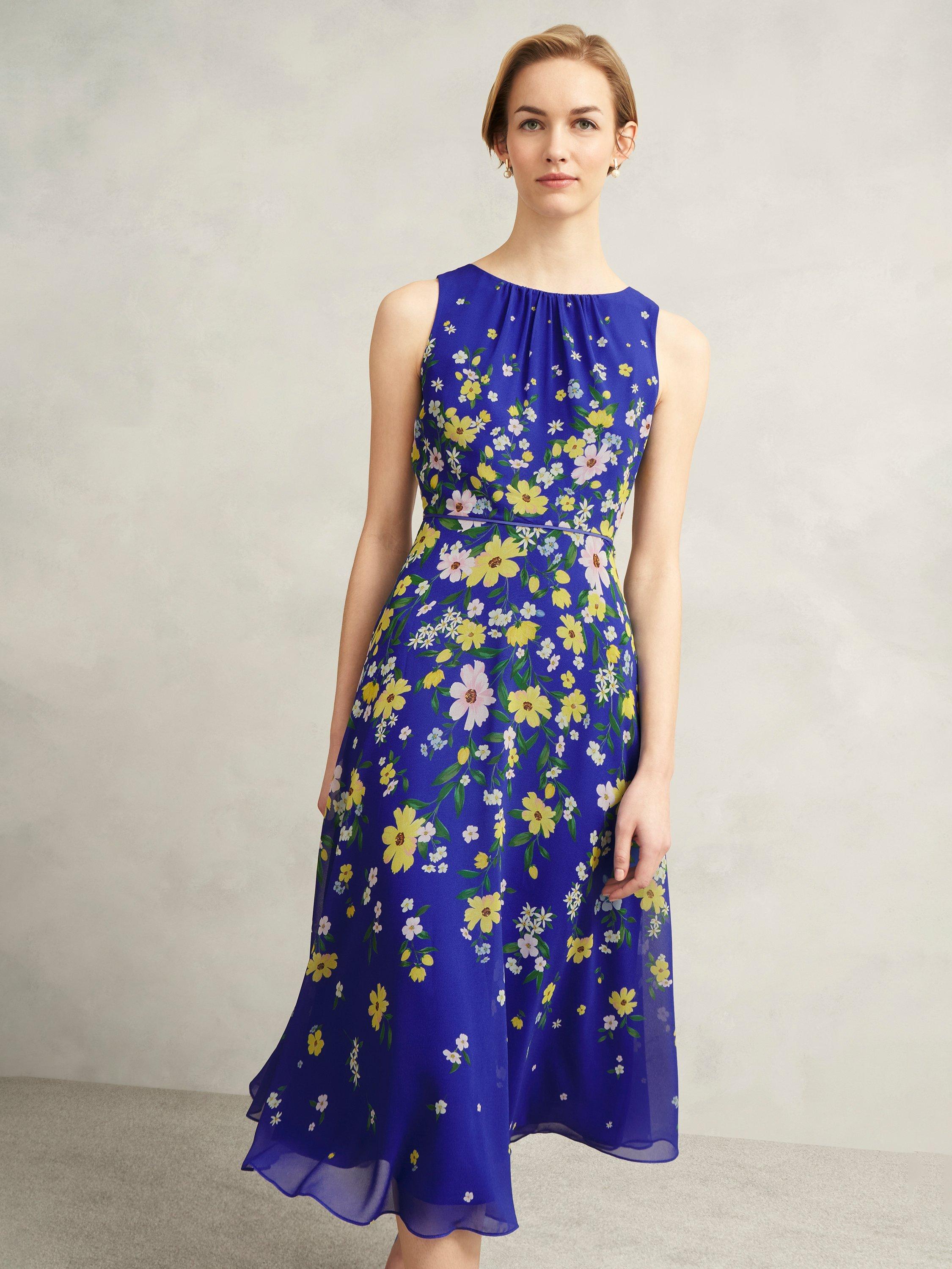 Product image 3 of 7, which shows Hobbs Petite Carly Sleeveless Floral Print Midi Dress, Blue/Multi, 10