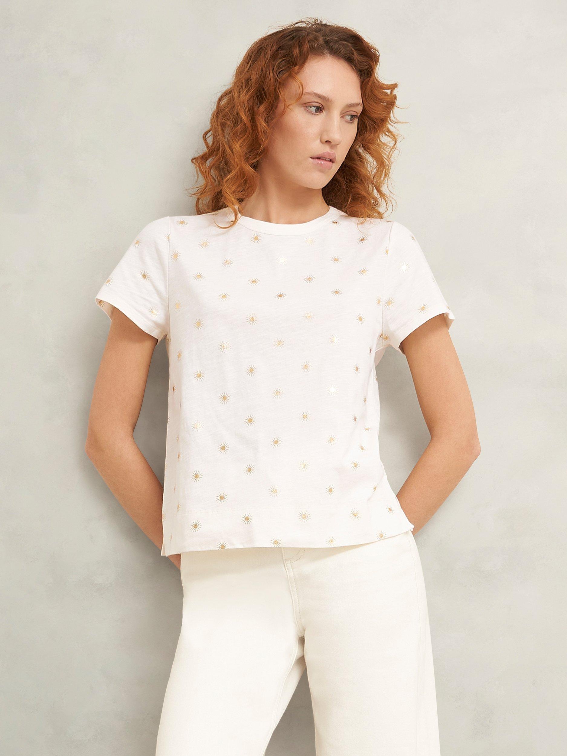 Product image 1 of 5, which shows Hobbs Adaline Pure Cotton Print T-Shirt, White Gold, XS
