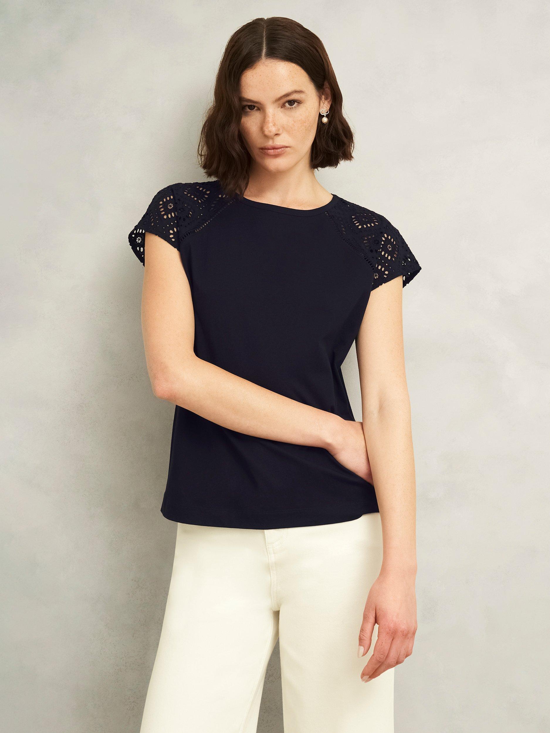 Product image 1 of 5, which shows Hobbs Ivana Broderie Anglaise Top, Hobbs Navy, L