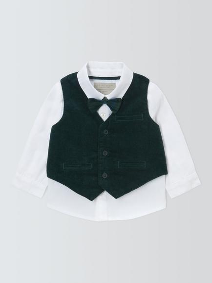 John Lewis Heirloom Collection Baby Velvet Waistcoat, Shirt & Bow Tie Set, Scarab, Scarab
