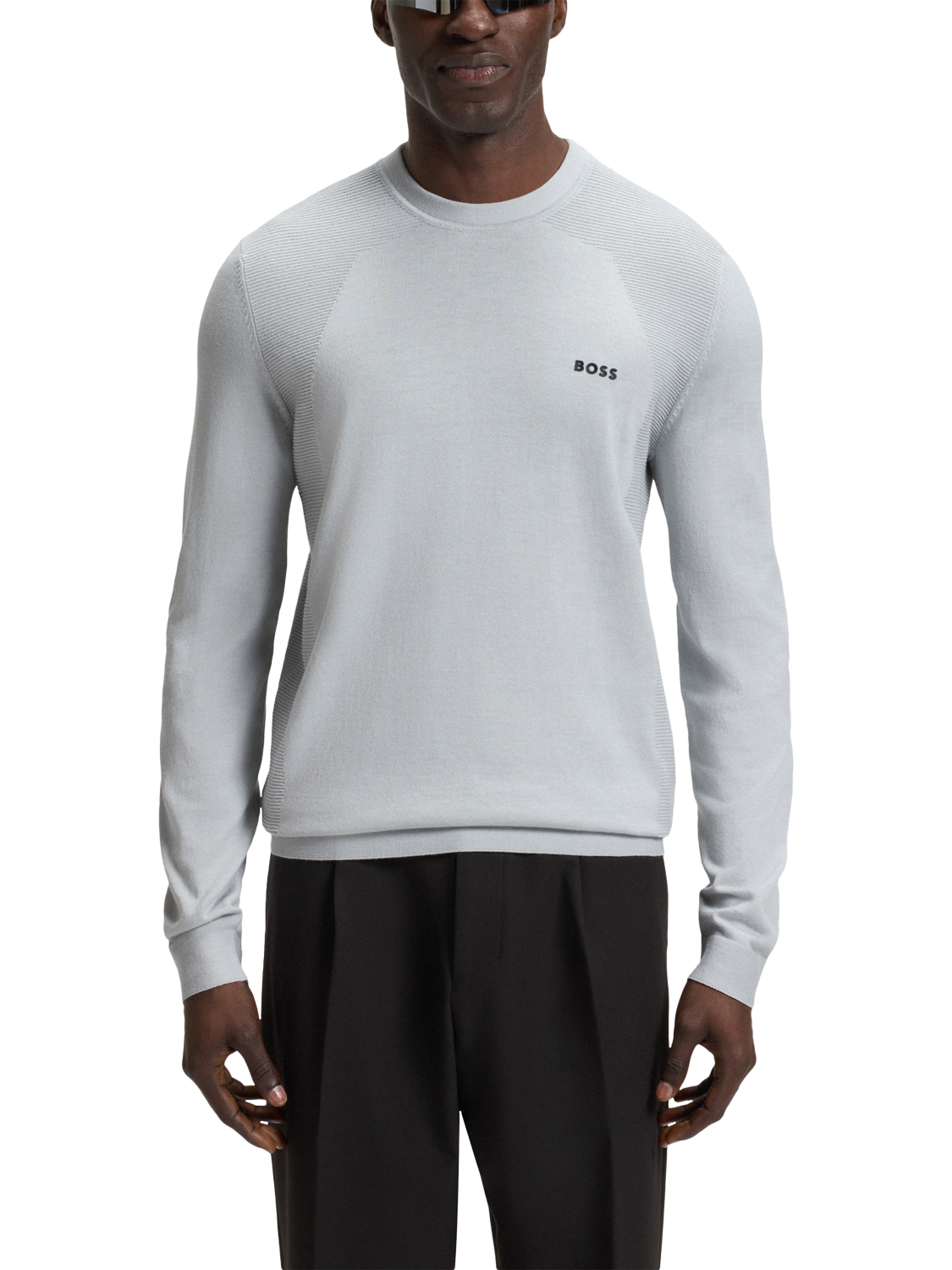 Product image 1 of 5, which shows HUGO BOSS BOSS Crew Neck Cotton Blend Jumper, Light Grey, L