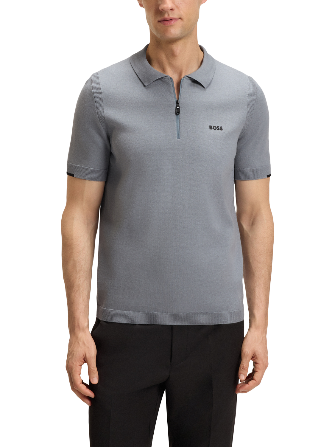 Product image 1 of 5, which shows BOSS Tech-Flex Zip-Neck Knit Polo Shirt, Dark Grey, M