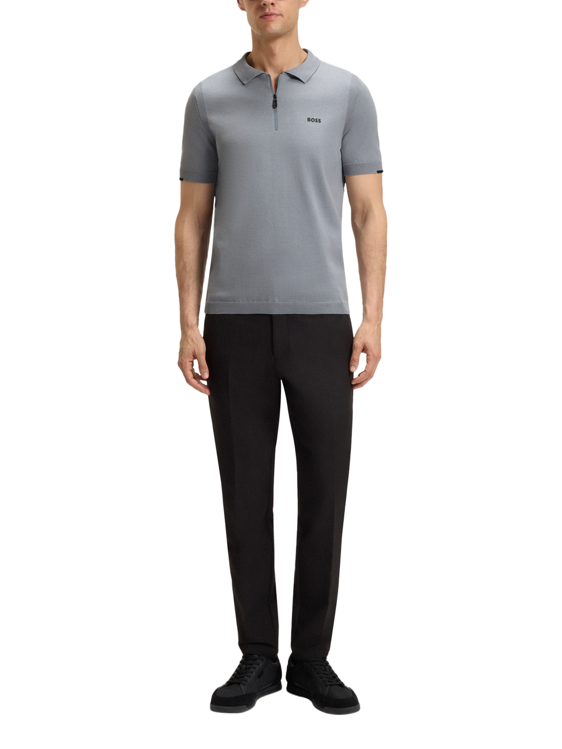 Product image 3 of 5, which shows BOSS Tech-Flex Zip-Neck Knit Polo Shirt, Dark Grey, M