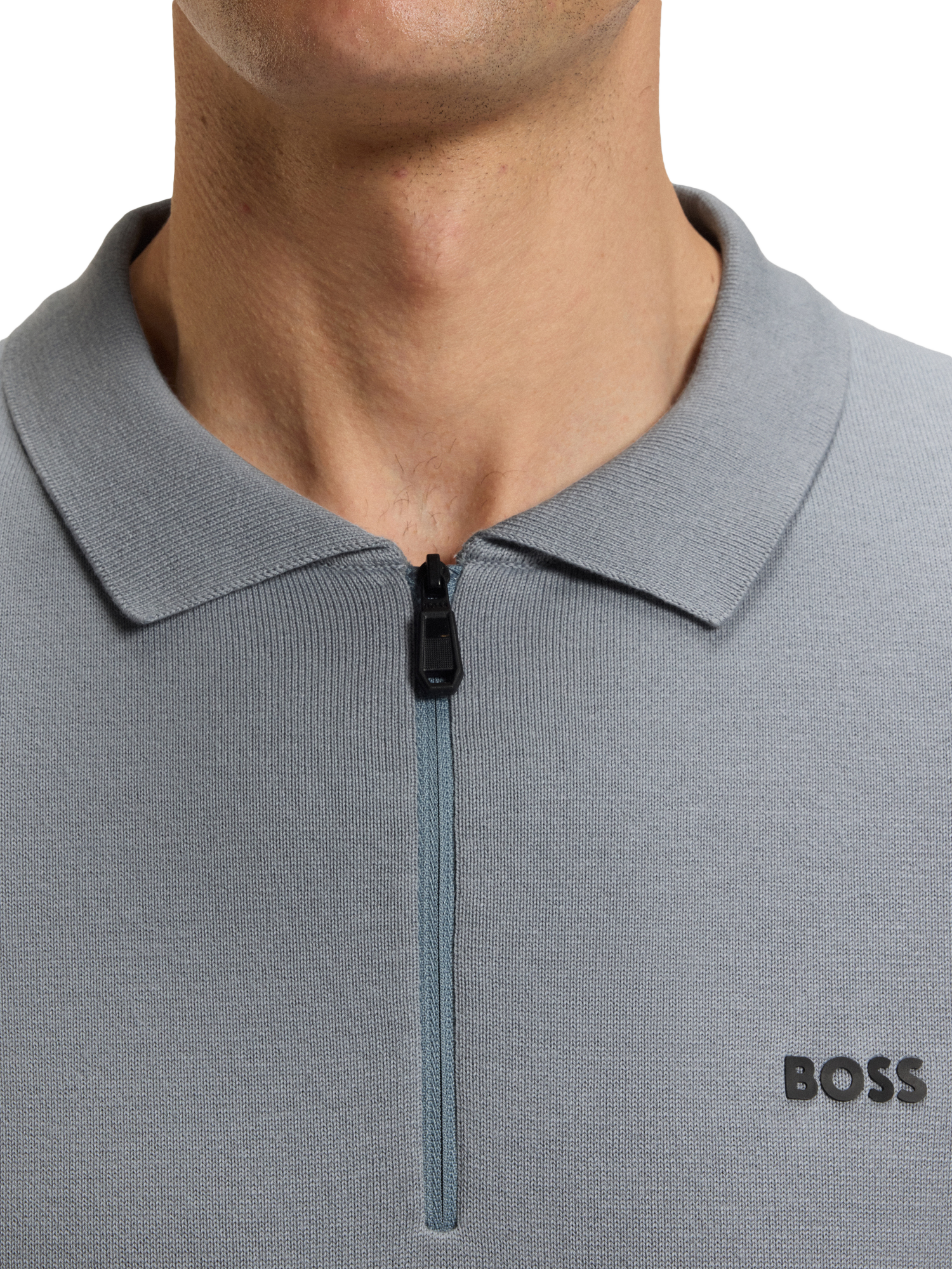 Product image 5 of 5, which shows BOSS Tech-Flex Zip-Neck Knit Polo Shirt, Dark Grey, M