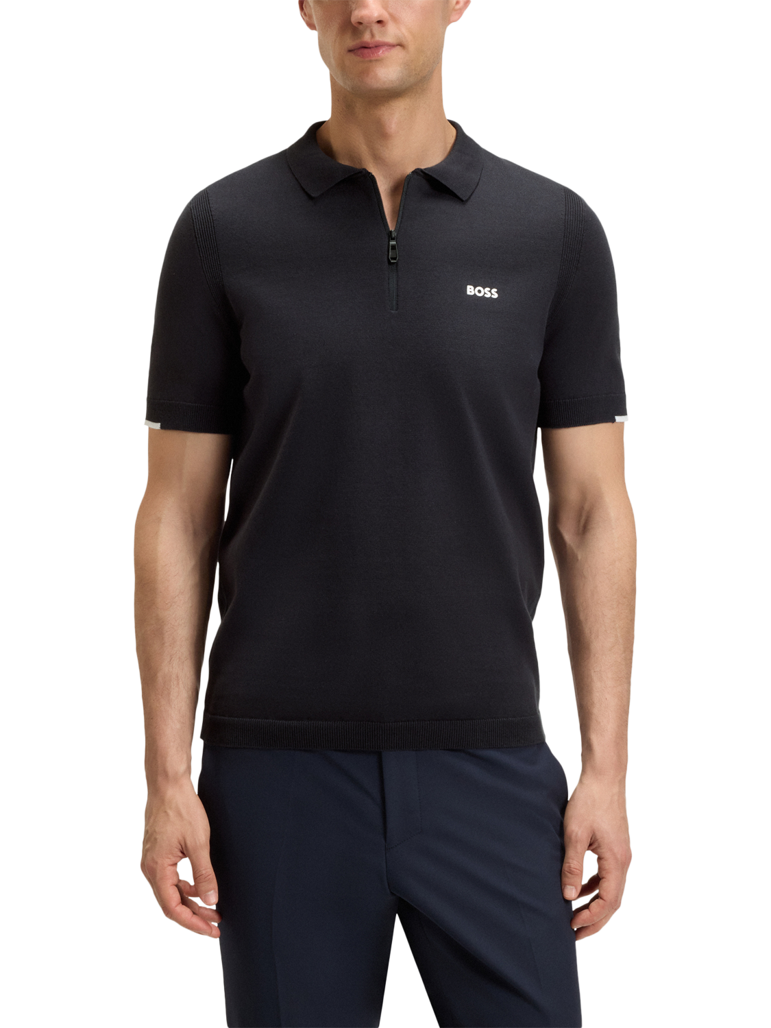 Product image 1 of 5, which shows BOSS Tech-Flex Zip-Neck Knit Polo Shirt, Dark Blue, L