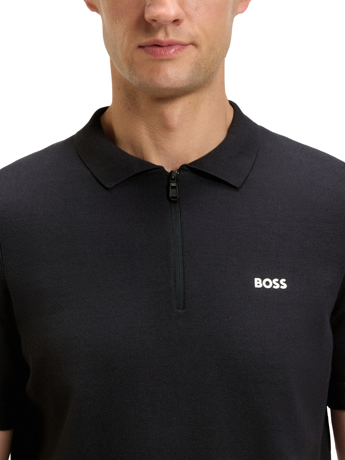 Product image 5 of 5, which shows BOSS Tech-Flex Zip-Neck Knit Polo Shirt, Dark Blue, L